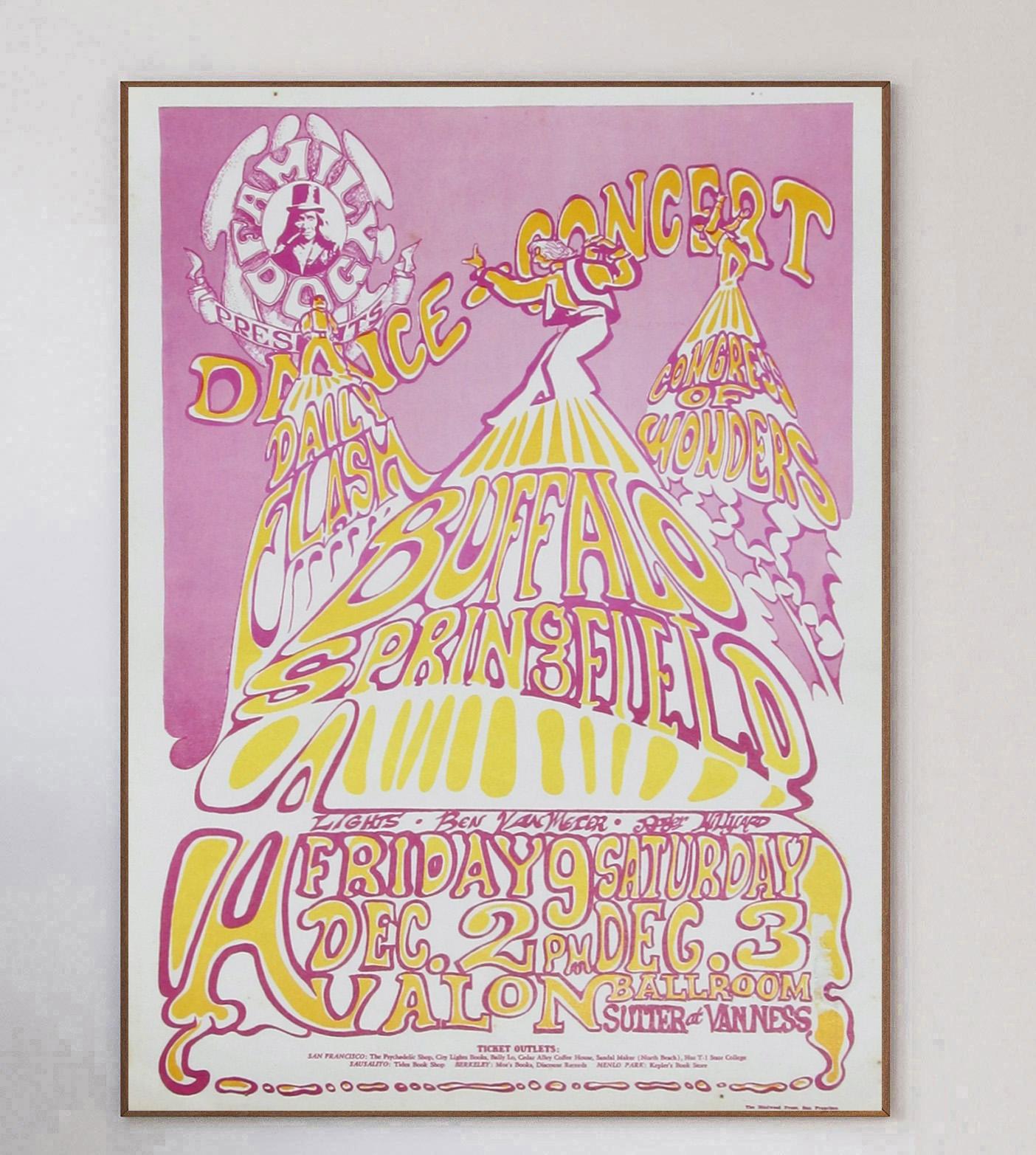 Dieses wunderschöne Plakat wurde 1966 vom Konzertplakatkünstler Ned Lamont entworfen, um ein Live-Konzert von Buffalo Springfield im weltberühmten Avalon Ballroom in San Francisco zu bewerben. Veranstaltungen wie diese waren in den 1960er und 70er