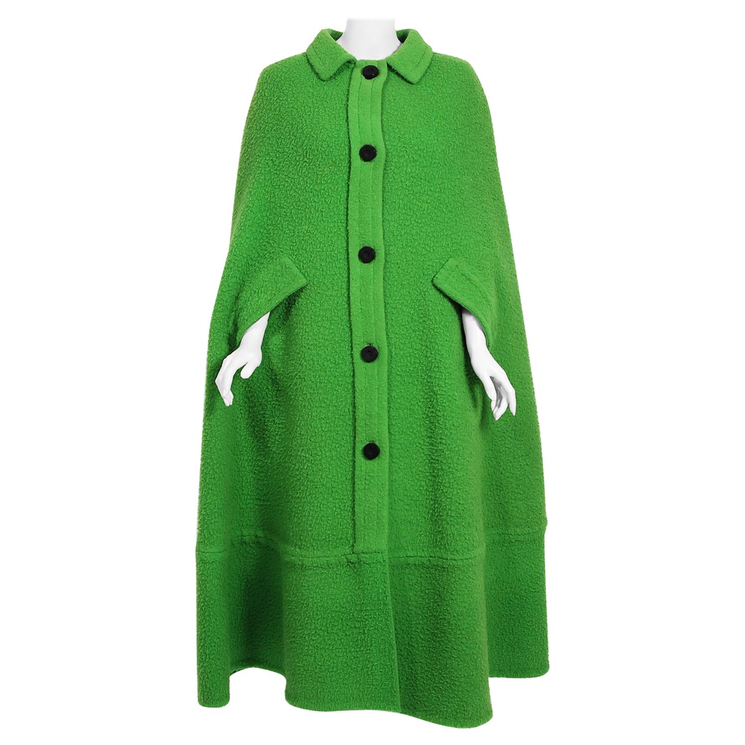 Vintage 1966 Christian Dior Haute-Couture Documented Green Wool Full-Length Cape