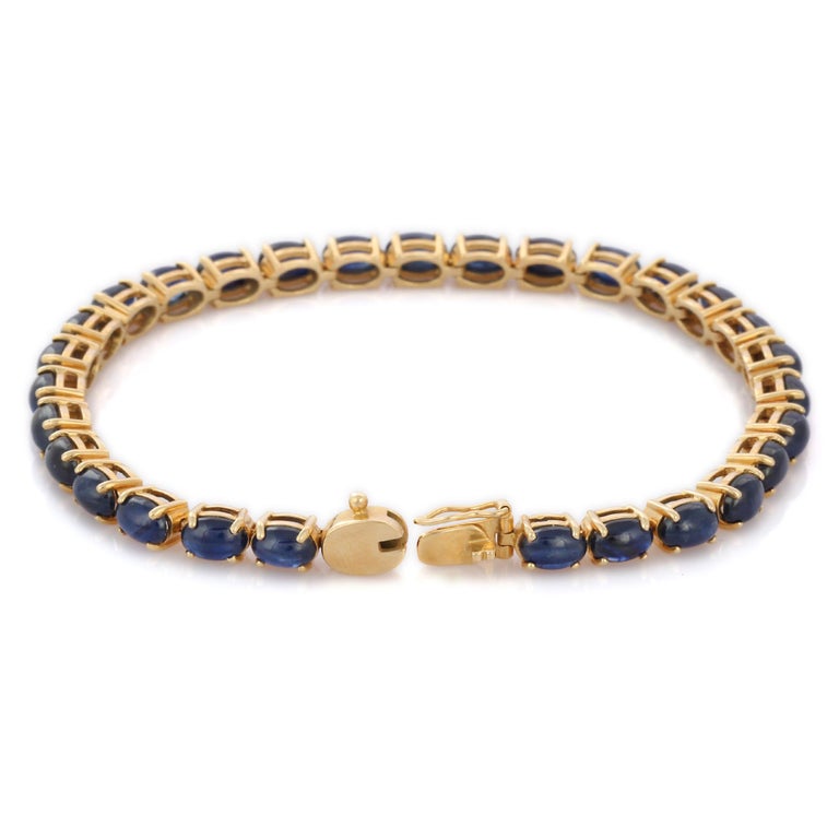 19.66 Ct Natural Blue Sapphire Tennis Bracelet 14K Yellow Gold For Sale