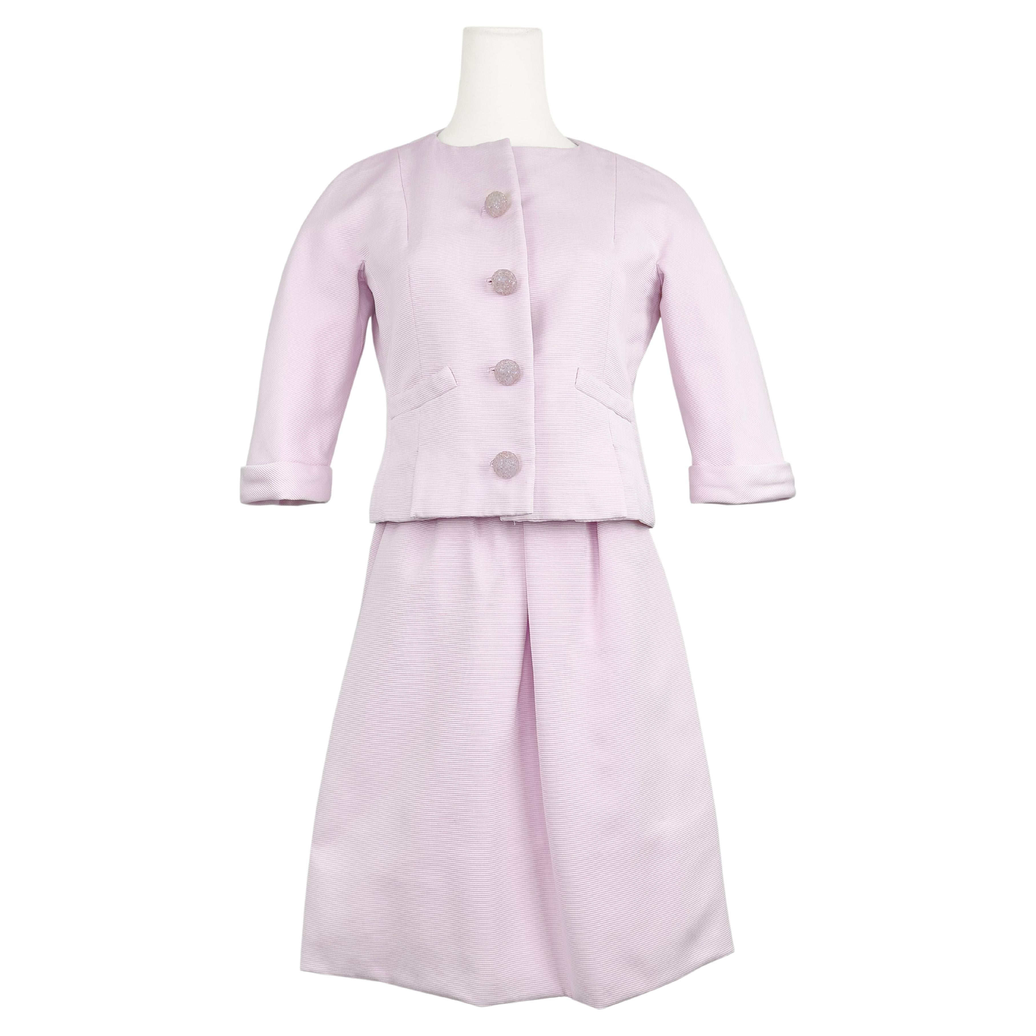 1966 Geoffrey Beene Baby Pink Cordé Silk Skirt Suit For Sale