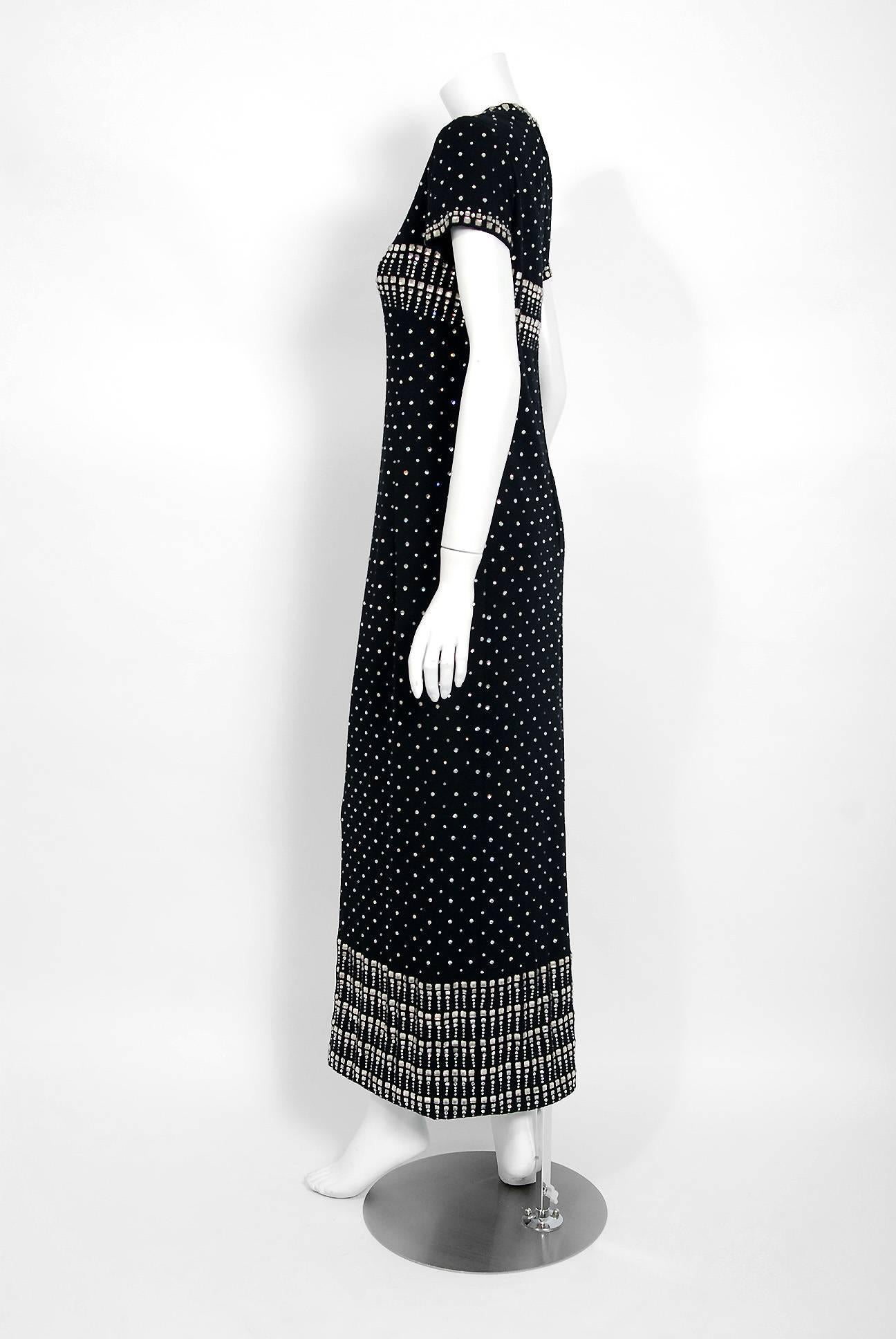 1966 Geoffrey Beene Museum-Held Rhinestone Studded Black Wool Maxi Dress Gown In Good Condition In Beverly Hills, CA