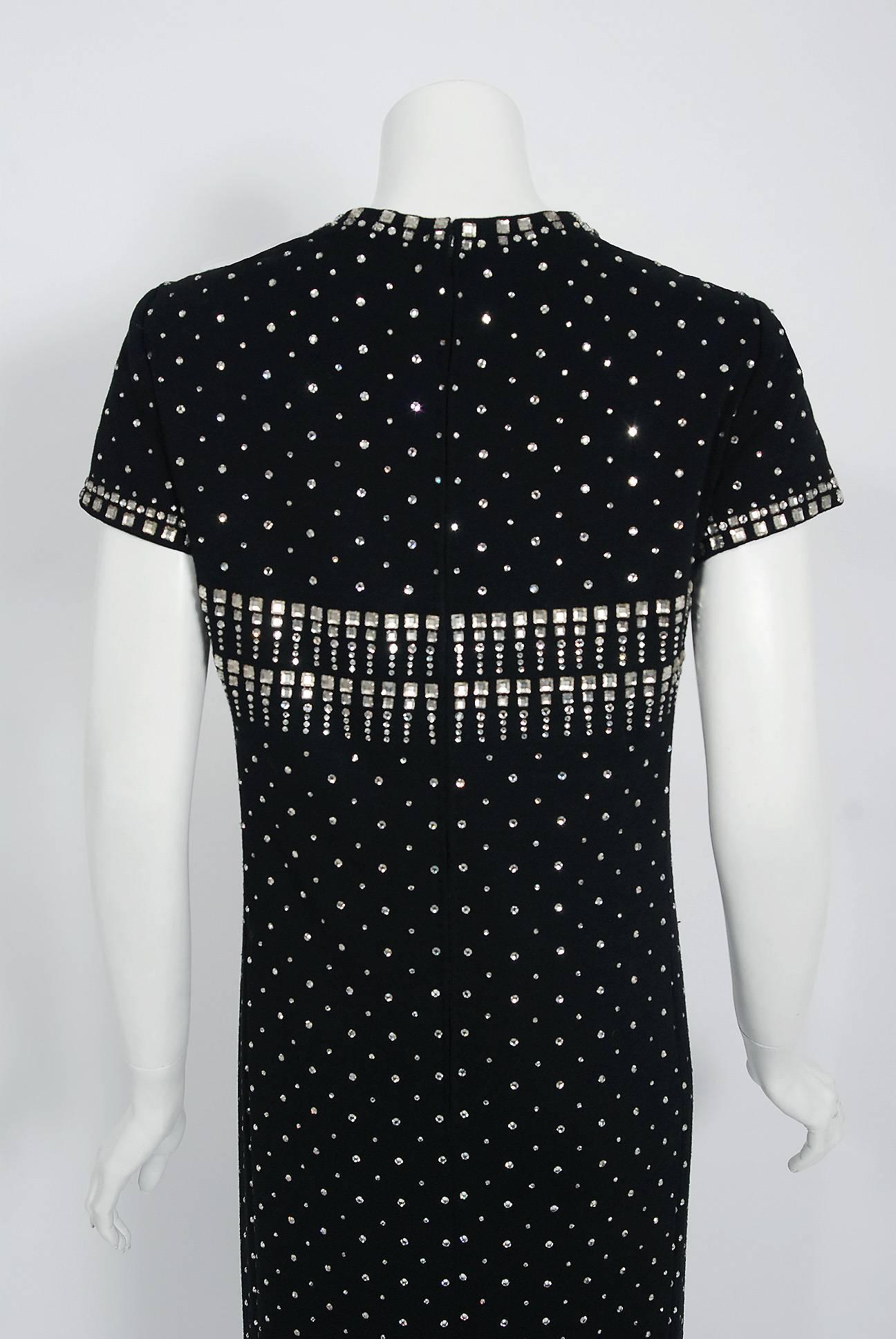 1966 Geoffrey Beene Museum-Held Rhinestone Studded Black Wool Maxi Dress Gown 3