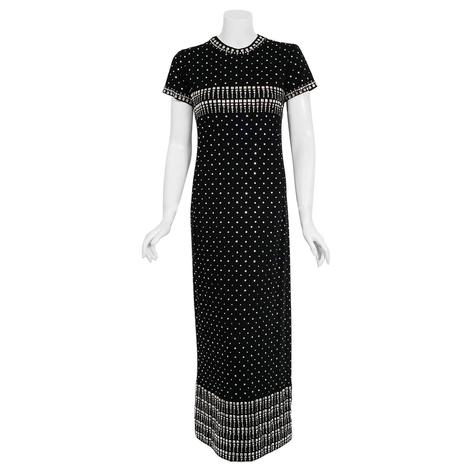1966 Geoffrey Beene Museum-Held Rhinestone Studded Black Wool Maxi Dress Gown