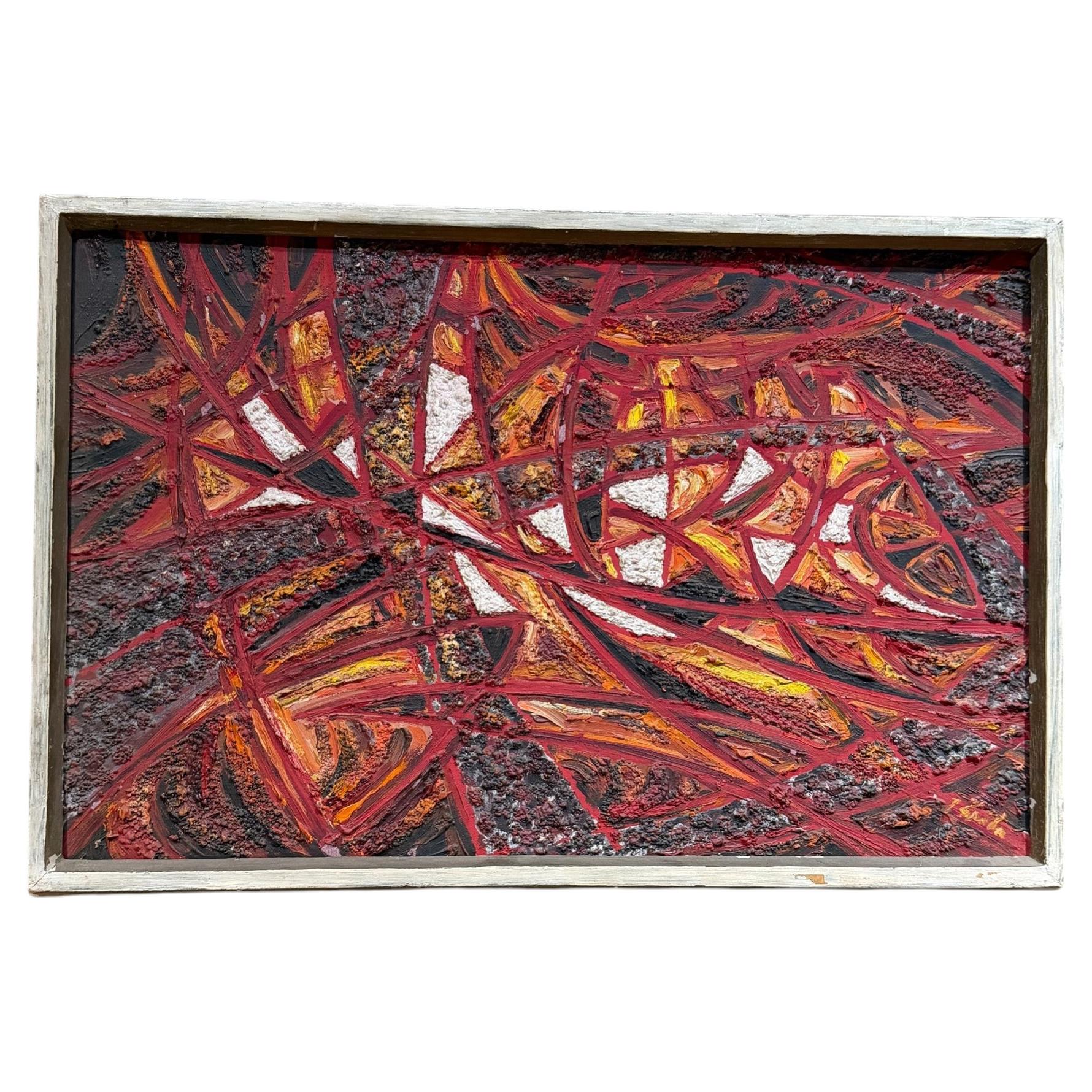 Modern Abstract Oil Painting, Fire Red, Signed, 1966, 19x13 in Mid-Century