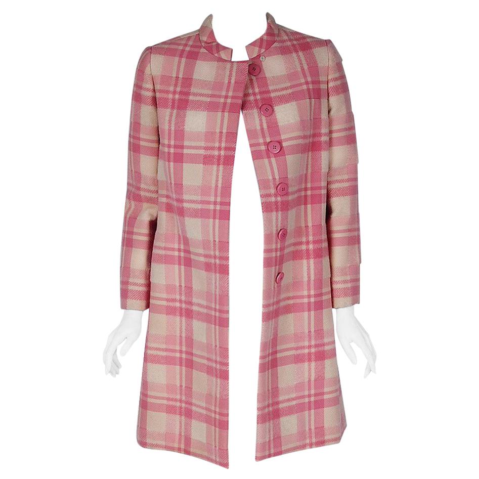 1966 George Halley Couture Pink & Ivory Plaid Wool Tailored Mod Jacket Coat