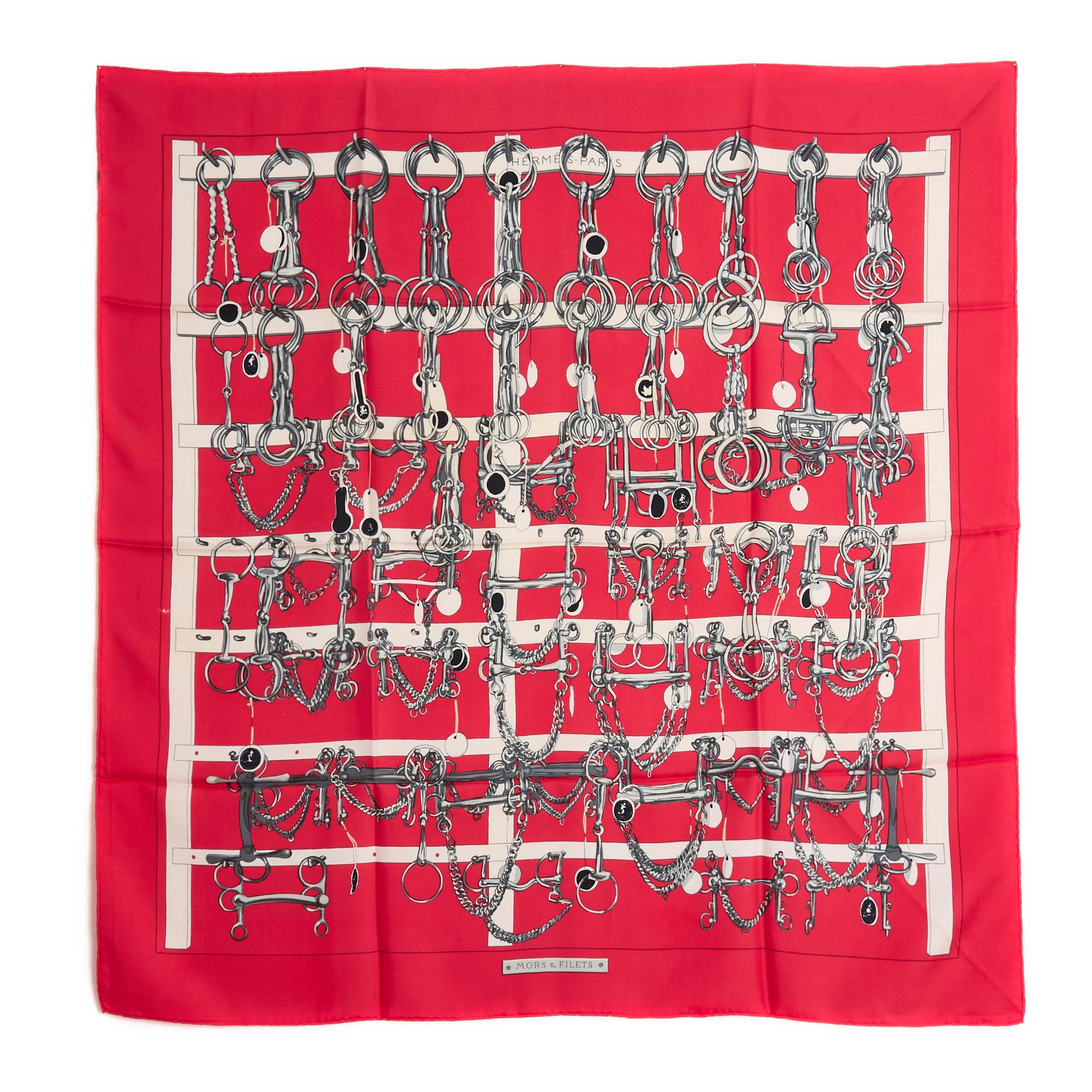 Hermès square 90 scarf in silk twill, Mors and filets pattern by Marie-Françoise Héron, published in 1966, never reissued, patterns in ecru and gray tones, red edges. Width 90 cm x length 90 cm approximately. The square is vintage and it has a few