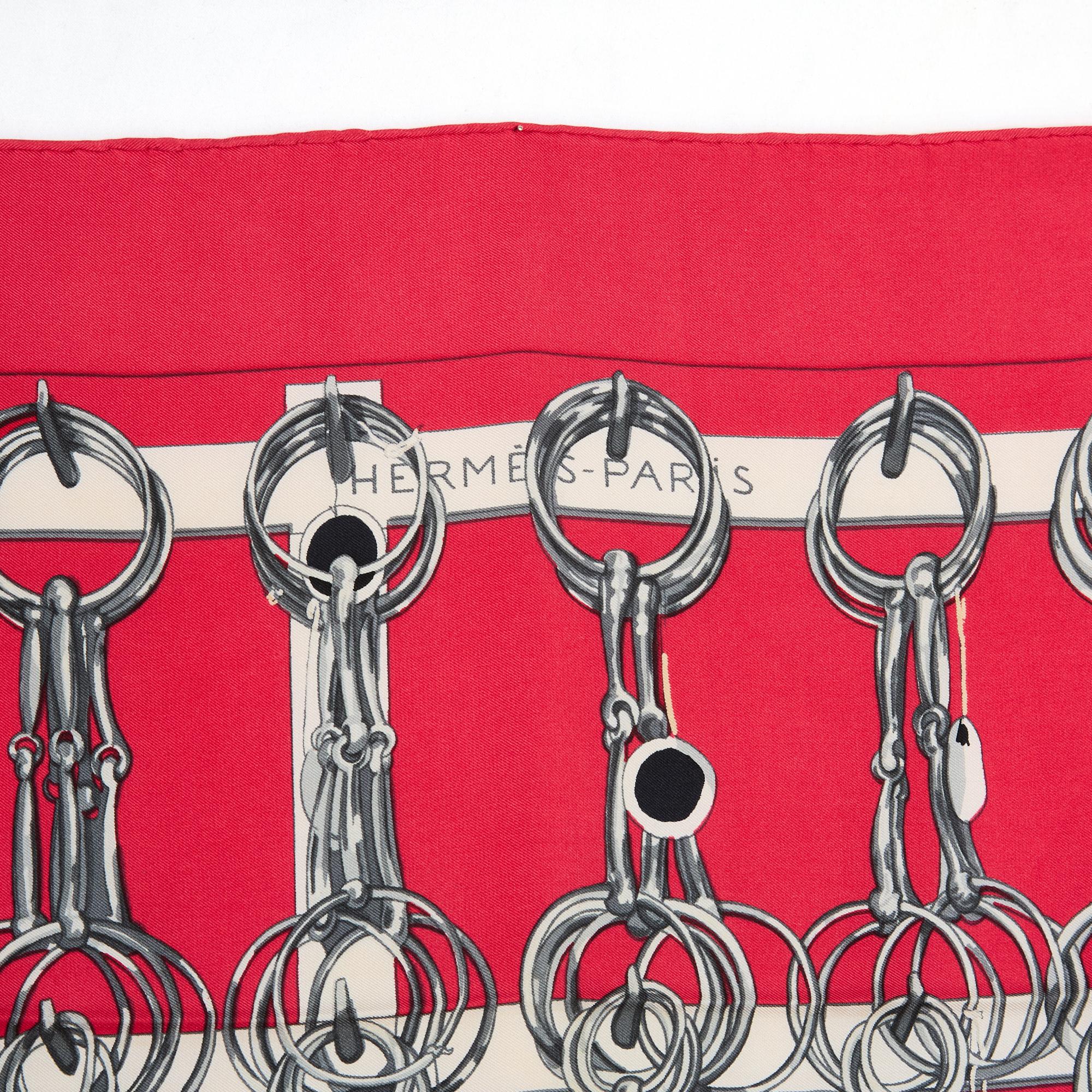 Women's or Men's 1966 Hermès Mors et Filets Red Silk Twill Scarf Carre 90 For Sale