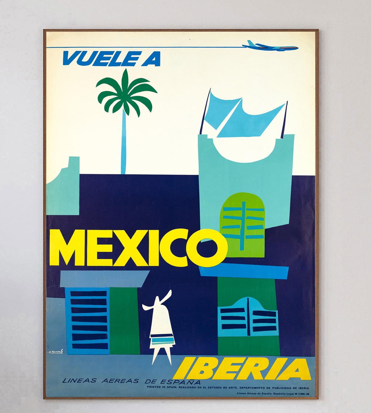 Beautiful poster from 1966 promoting Iberia airlines routes to Mexico. The Spanish airline was founded in 1927 and continues strong to this day. With brilliant Art Deco design depicting a city scene in the Central American country, this poster was