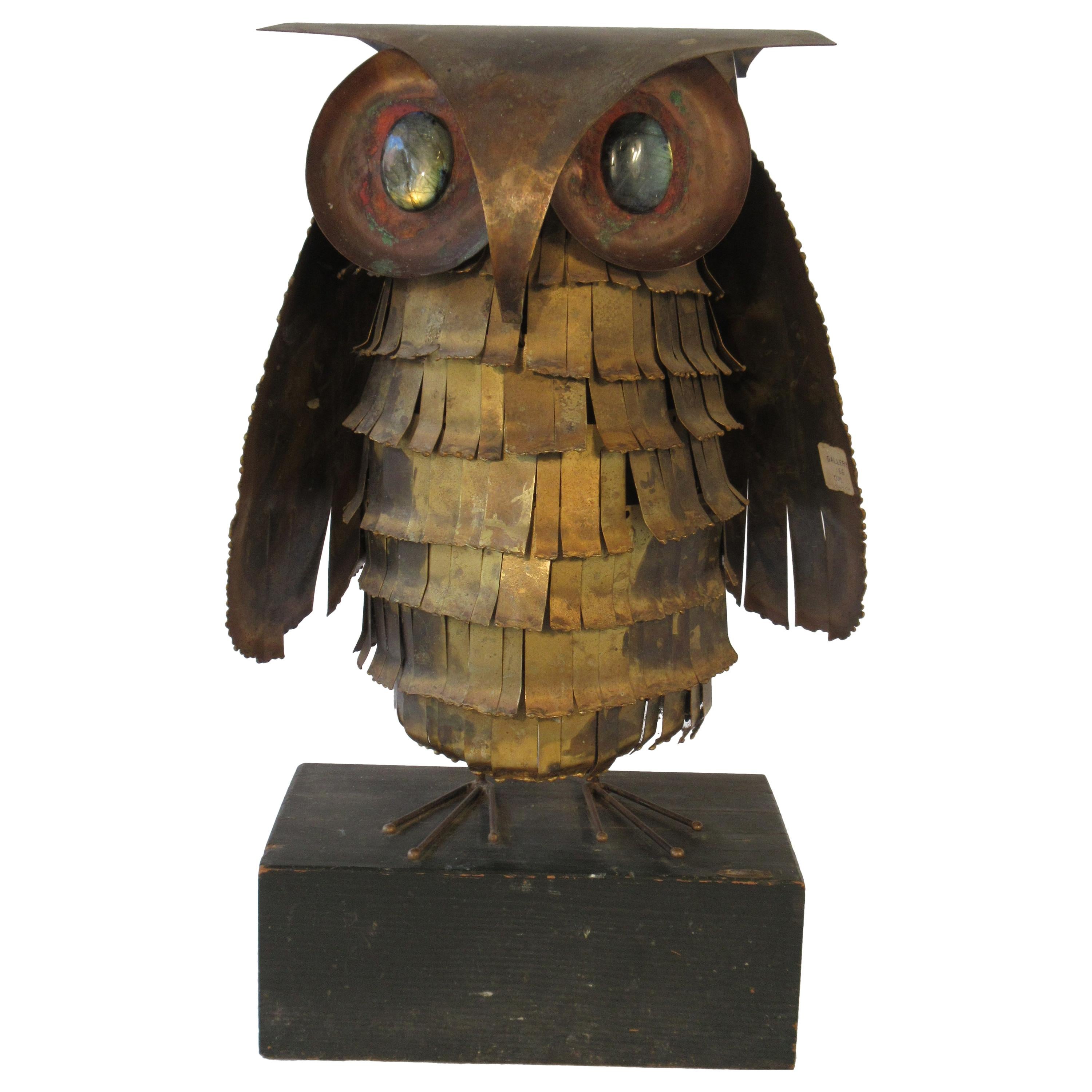 1966 Jere Brass Owl with Stone Eyes For Sale
