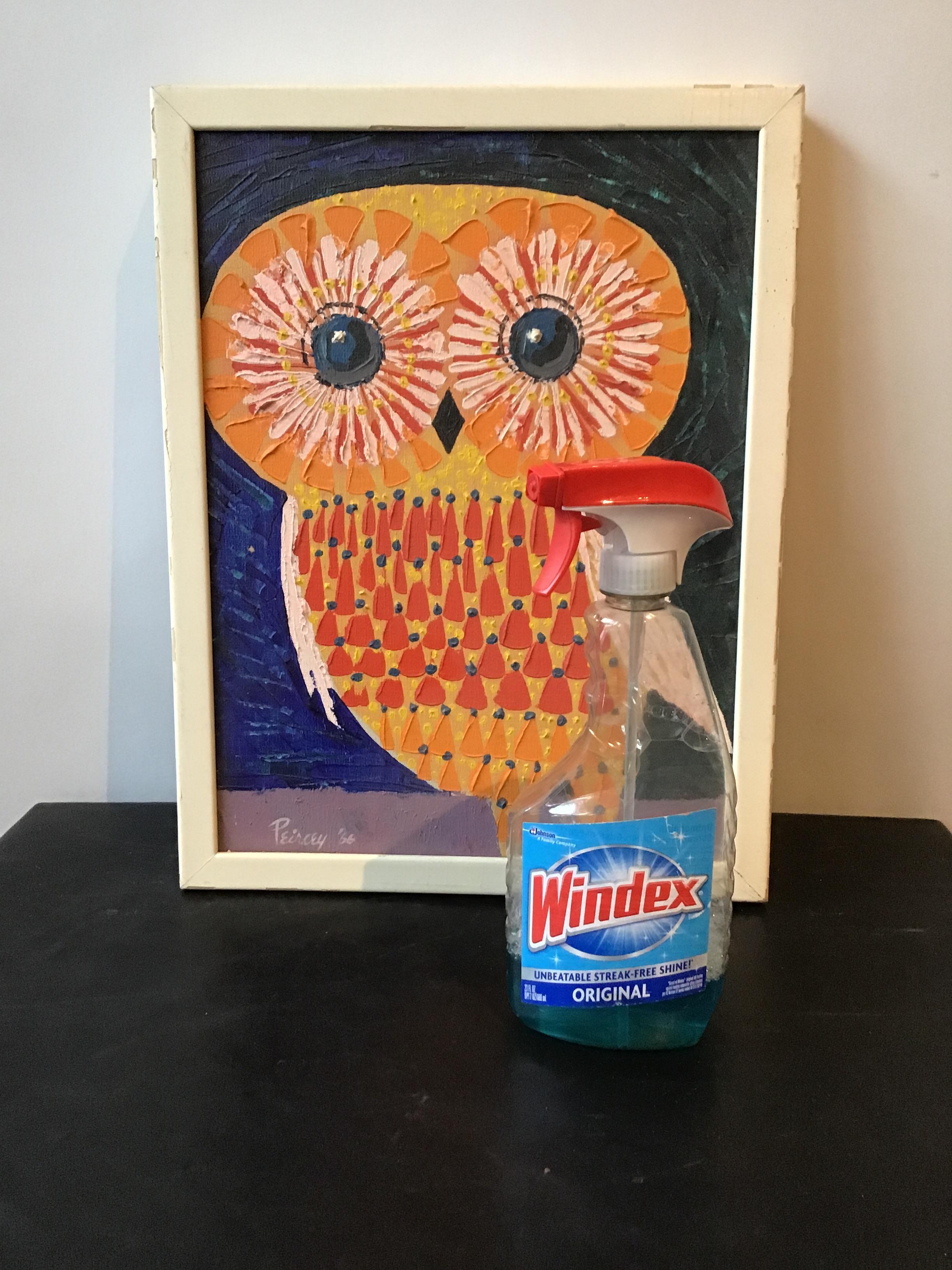 1966 oil on canvas of owl, signed Peircey. Out of an East Hampton estate.