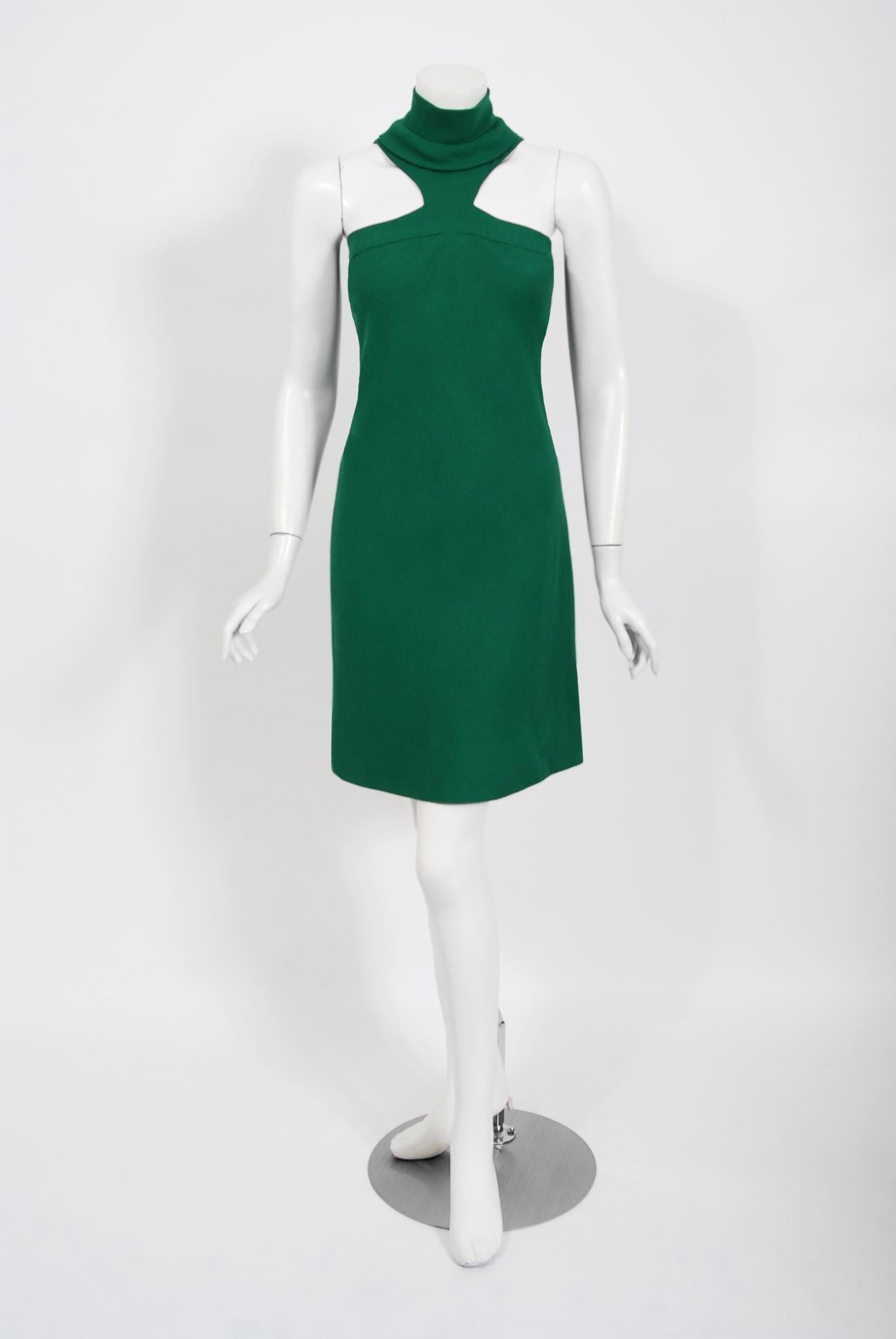 Spectacular Pierre Cardin haute couture designer dress dating back to his 1966 fall-winter collection. In 1951 Cardin opened his own couture house and by 1957, he started a ready-to-wear line; a bold move for a French couturier at the time. The look