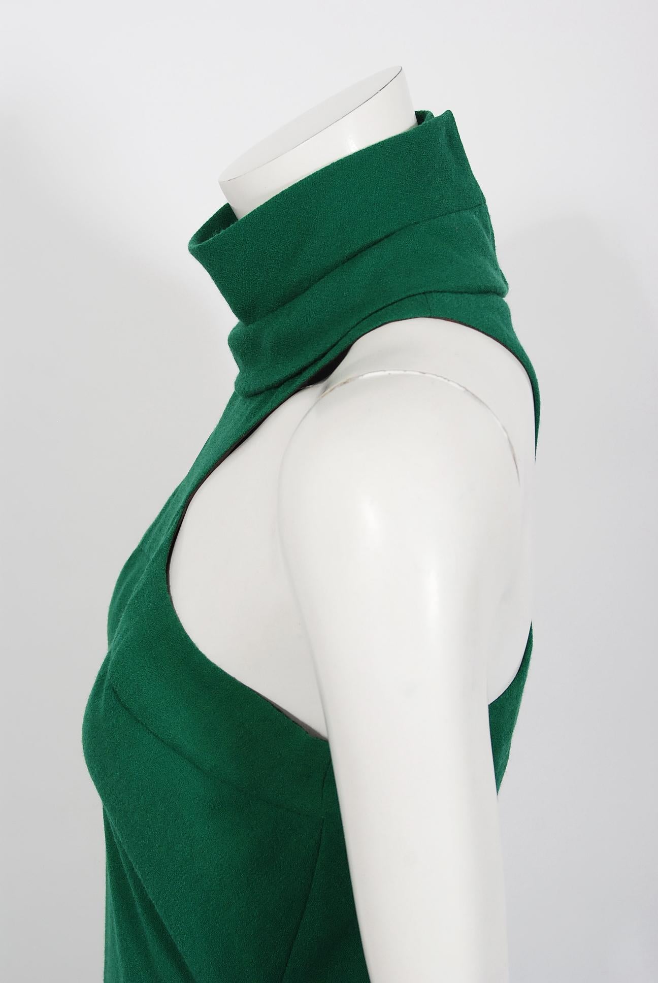 Women's Vintage 1966 Pierre Cardin Haute Couture Documented Green Crepe Turtleneck Dress