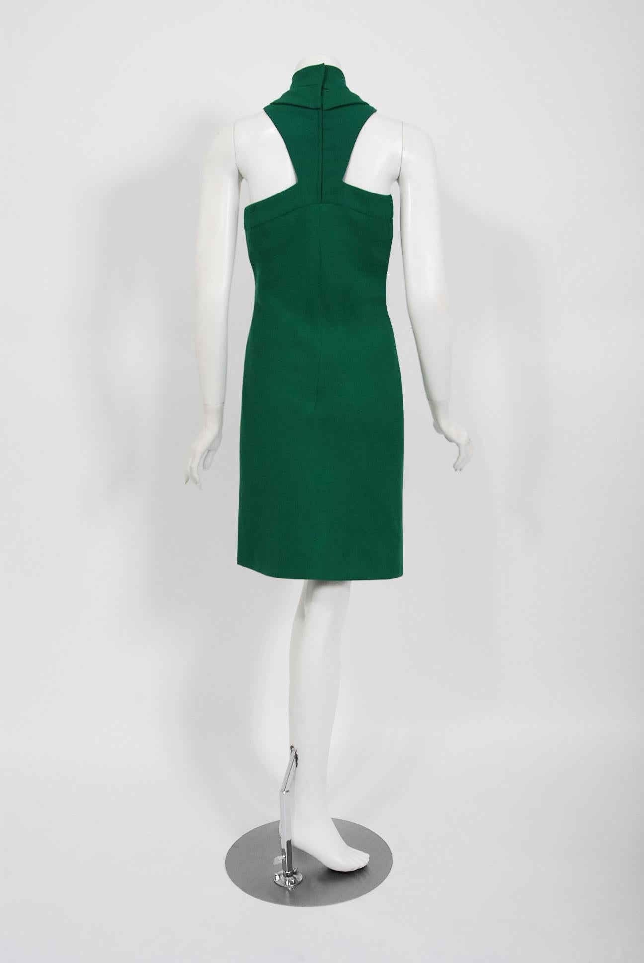 Vintage 1966 Pierre Cardin Haute Couture Documented Green Crepe Turtleneck Dress 1