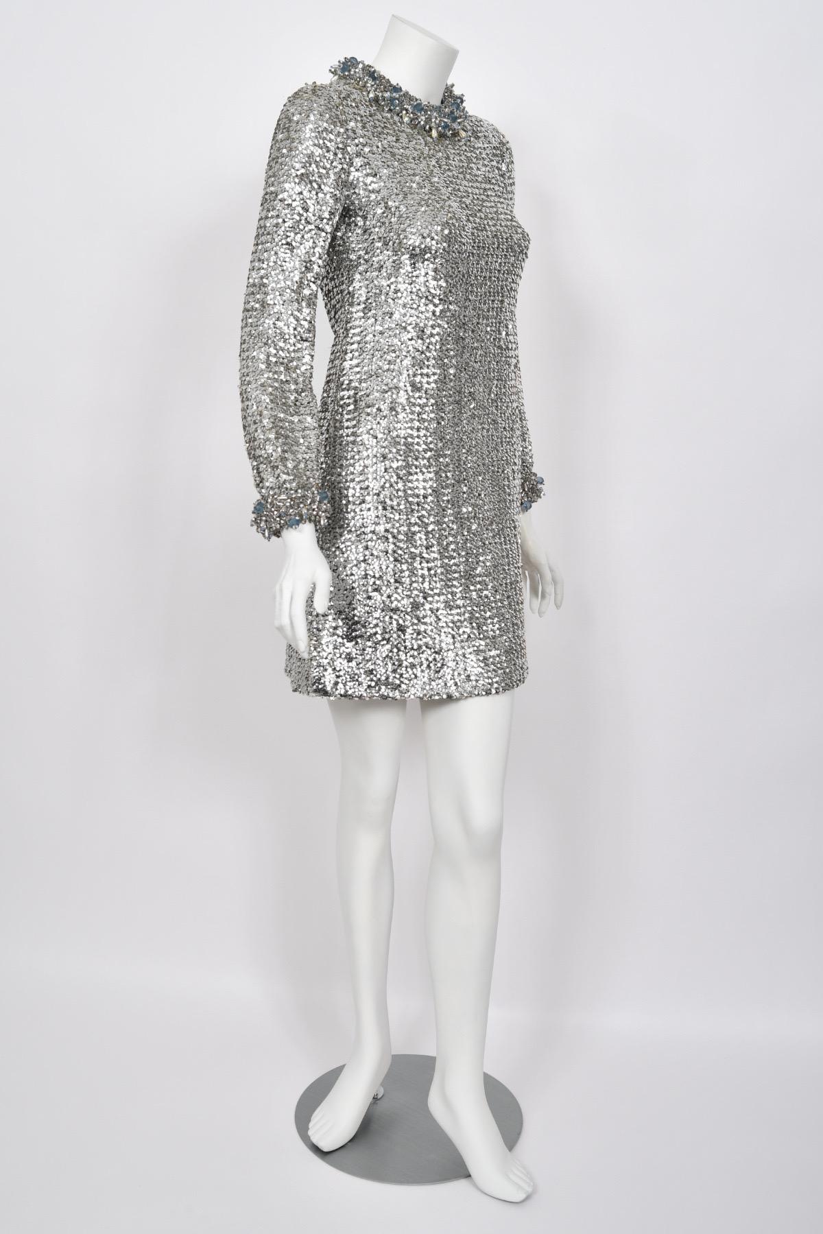 1966 Pierre Cardin Paris Metallic Silver Beaded Sequin Space-Age Mod Mini Dress For Sale 6