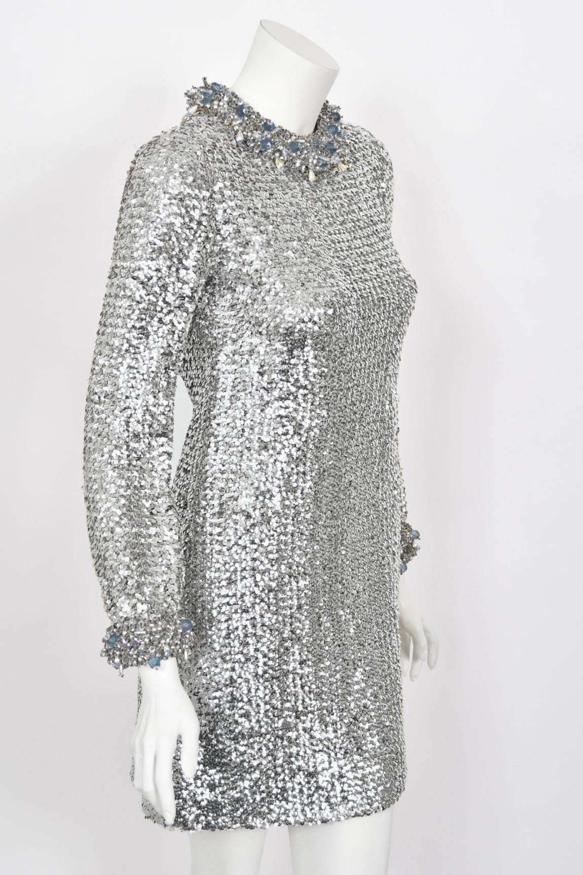 1966 Pierre Cardin Paris Metallic Silver Beaded Sequin Space-Age Mod Mini Dress For Sale 7