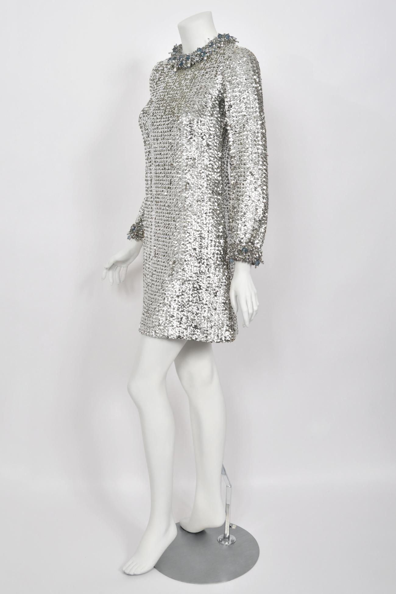 1966 Pierre Cardin Paris Metallic Silver Beaded Sequin Space-Age Mod Mini Dress For Sale 8