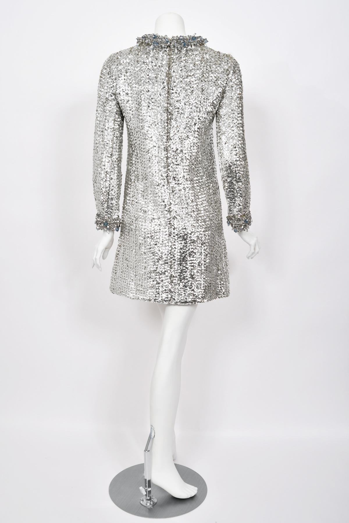 1966 Pierre Cardin Paris Metallic Silver Beaded Sequin Space-Age Mod Mini Dress For Sale 11