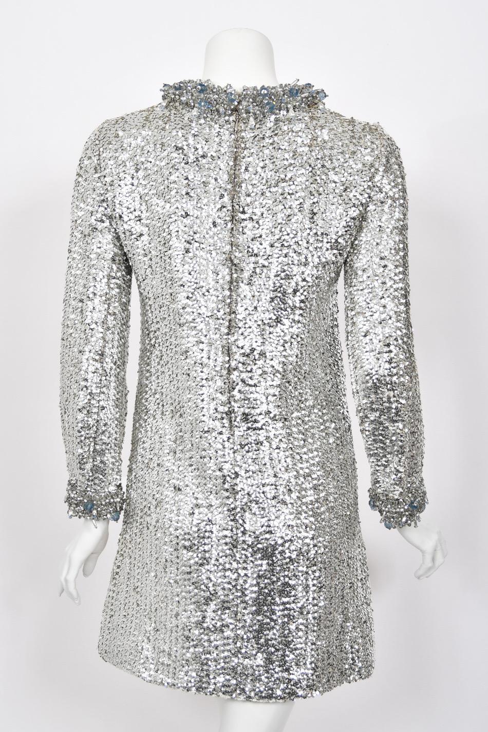 1966 Pierre Cardin Paris Metallic Silver Beaded Sequin Space-Age Mod Mini Dress For Sale 12