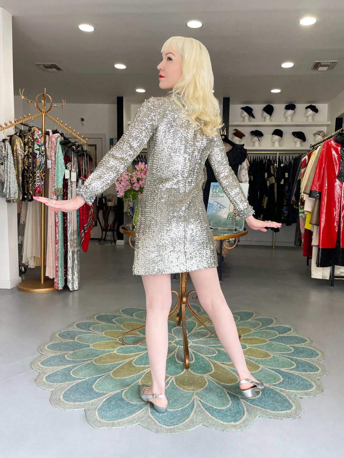 1966 Pierre Cardin Paris Metallic Silver Beaded Sequin Space-Age Mod Mini Dress For Sale 13