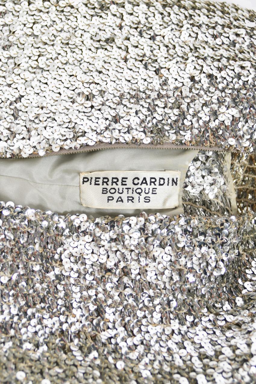 1966 Pierre Cardin Paris Metallic Silver Beaded Sequin Space-Age Mod Mini Dress For Sale 14
