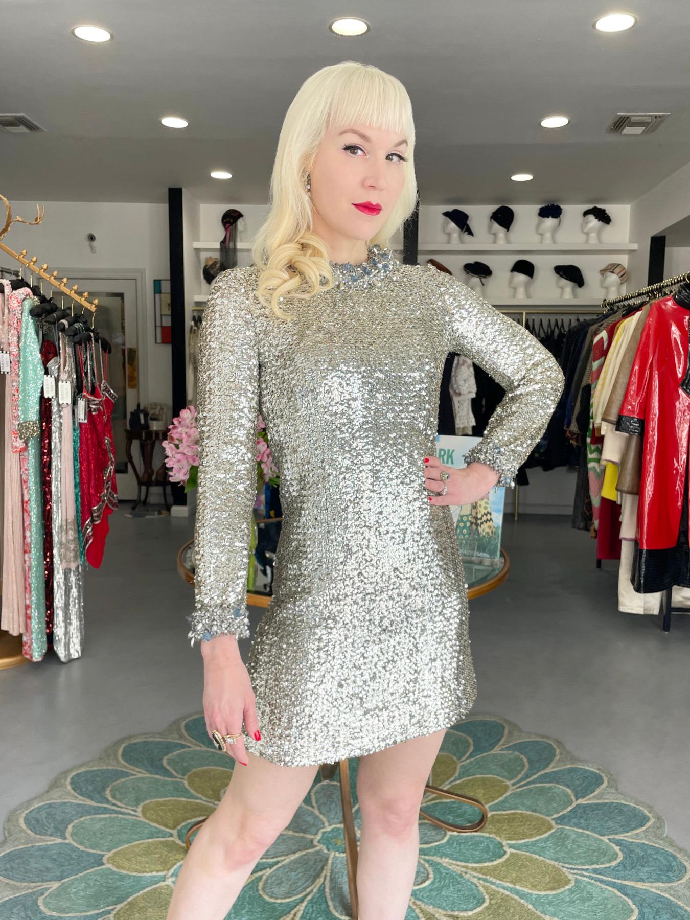 1966 Pierre Cardin Paris Metallic Silver Beaded Sequin Space-Age Mod Mini Dress For Sale 2