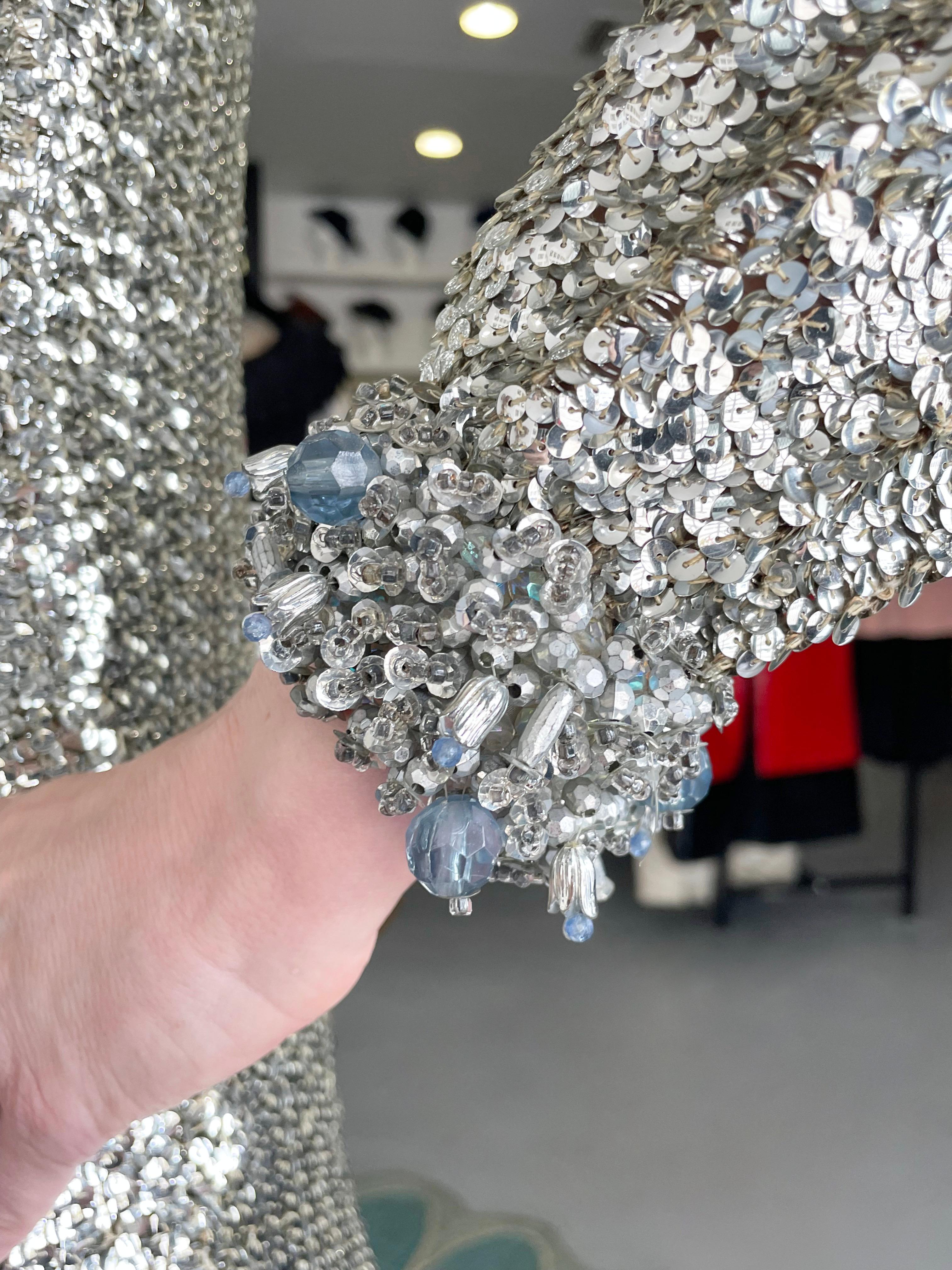 1966 Pierre Cardin Paris Metallic Silver Beaded Sequin Space-Age Mod Mini Dress For Sale 3
