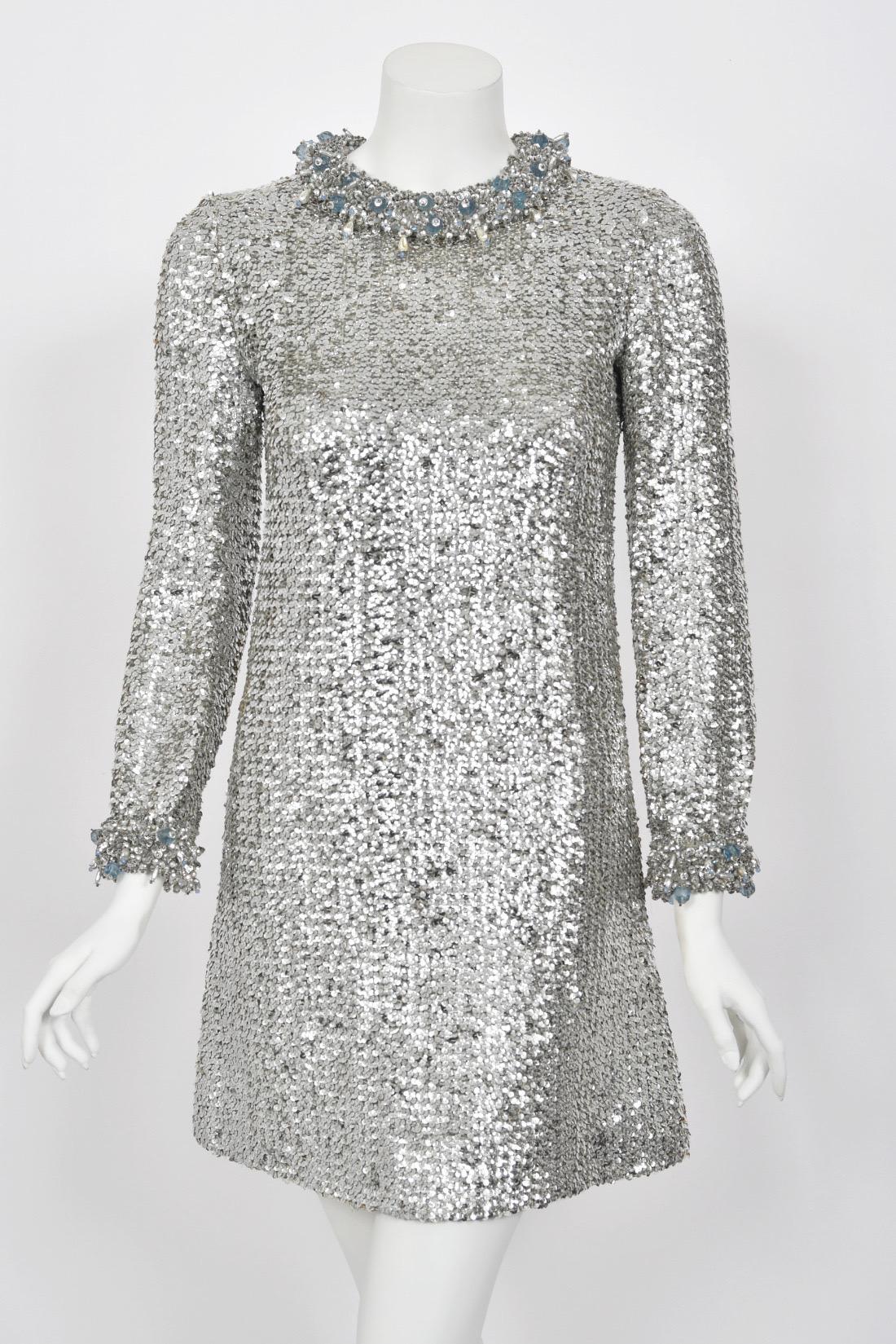 1966 Pierre Cardin Paris Metallic Silver Beaded Sequin Space-Age Mod Mini Dress For Sale 4