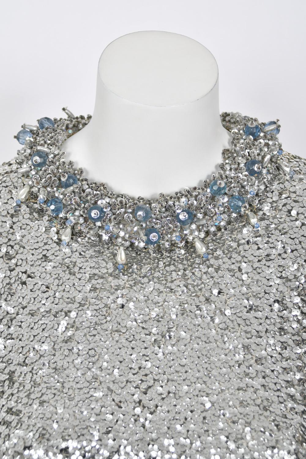 1966 Pierre Cardin Paris Metallic Silver Beaded Sequin Space-Age Mod Mini Dress For Sale 5