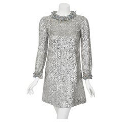 1966 Pierre Cardin Paris Metallic Silver Beaded Sequin Space-Age Mod Mini Dress