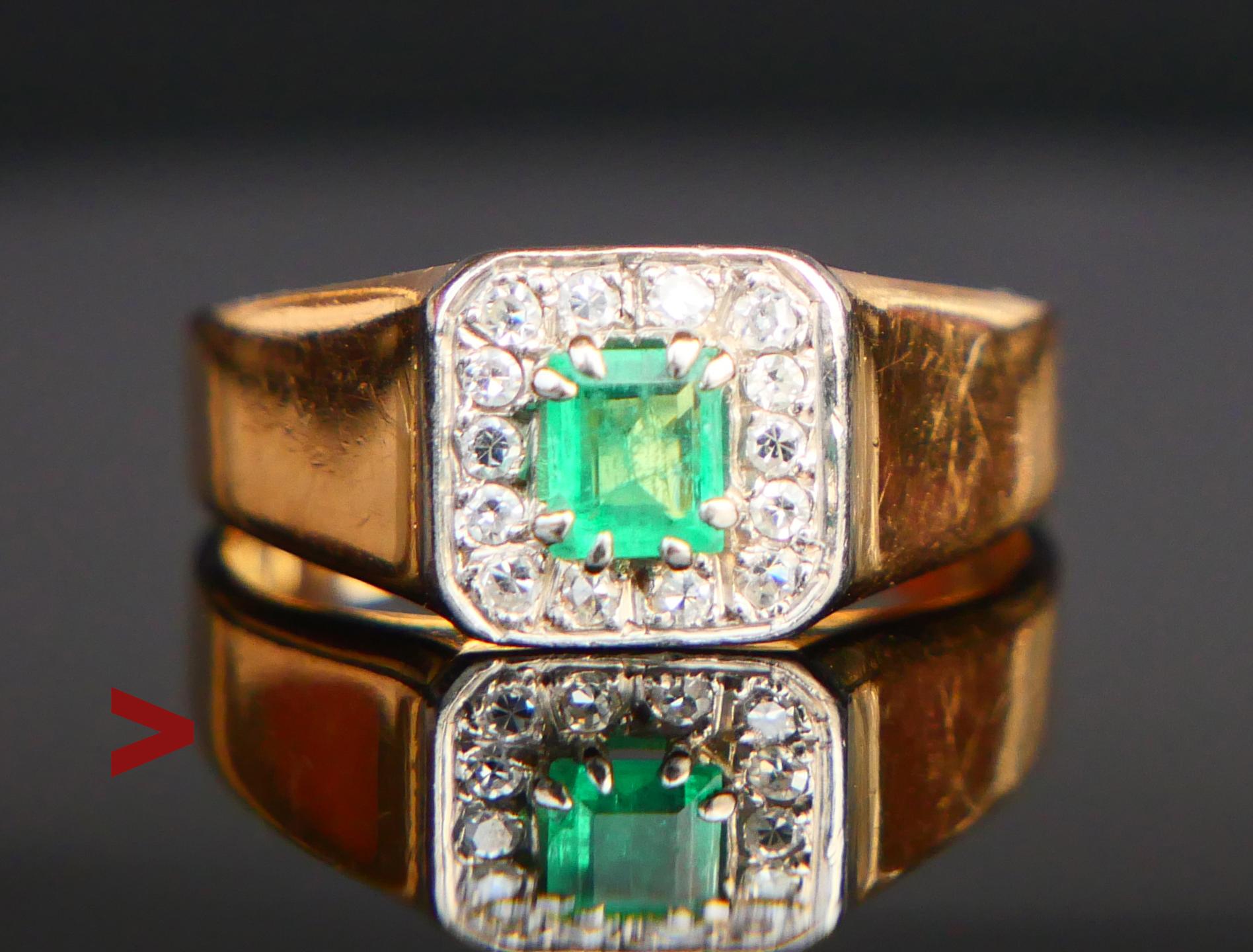 Vintage Emerald and Diamond ring with wider band.

Swedish ring, XX century.Marked 18K.

Maker: JP ( Petterssons Jewelers ), city of Stockholm, existed 1913- 1973.

Marks of the year fragmented: likely Q9 / made in 1966

Crown : 8 mm x 8mm x 5mm