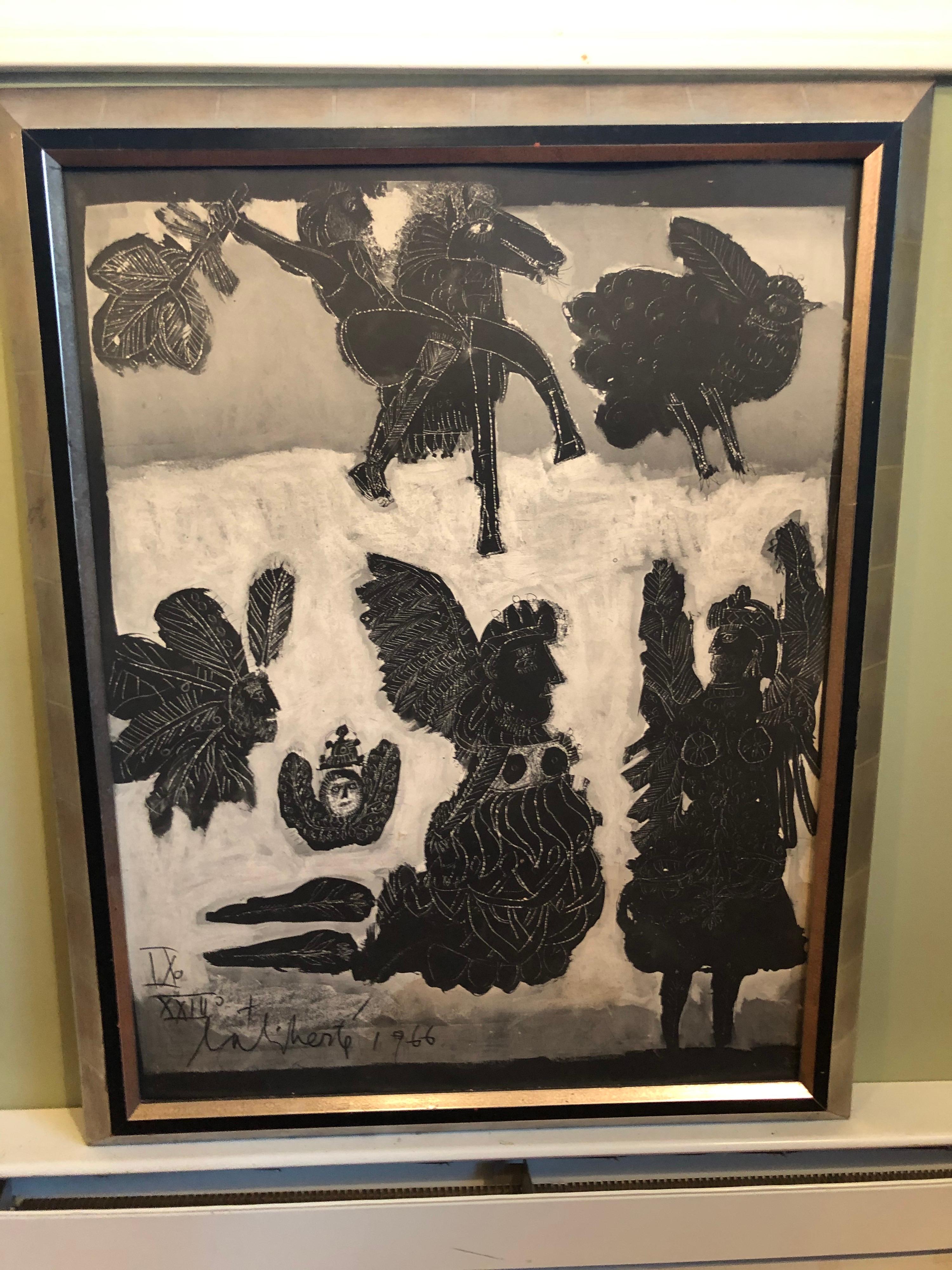 Signed 1966 Norman Laliberte Framed Posterboard Print. Lovely, whimsical style so characteristic of Norman La Liberte. With angelic like figures with wings and birds floating around. Framed but the board is open. No glass front. Silver leaf style