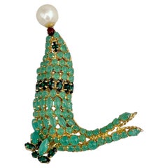 1966 Vintage Christian Dior Gold Tone Green Resin Crystal Seal Pin Brooch