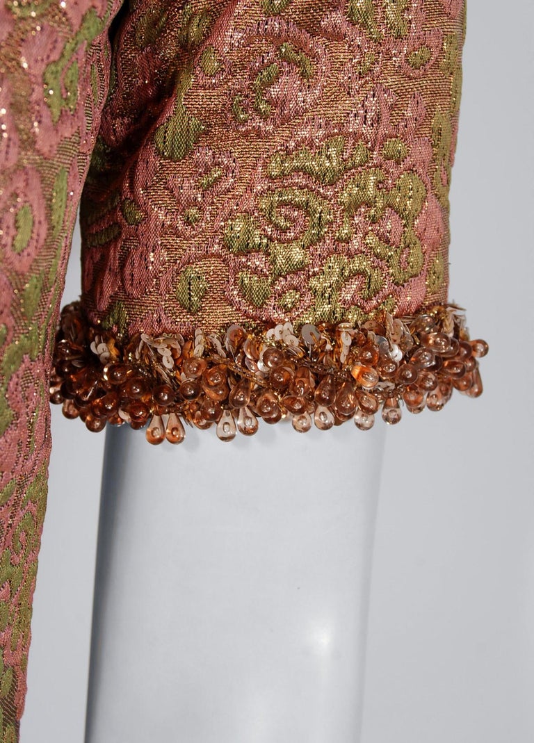 Vintage 1966 Yves Saint Laurent Beaded Metallic Pink Gold Brocade Cocktail Dress For Sale at