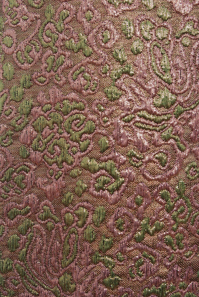 Vintage 1966 Yves Saint Laurent Beaded Metallic Pink Gold Brocade Cocktail Dress For Sale at