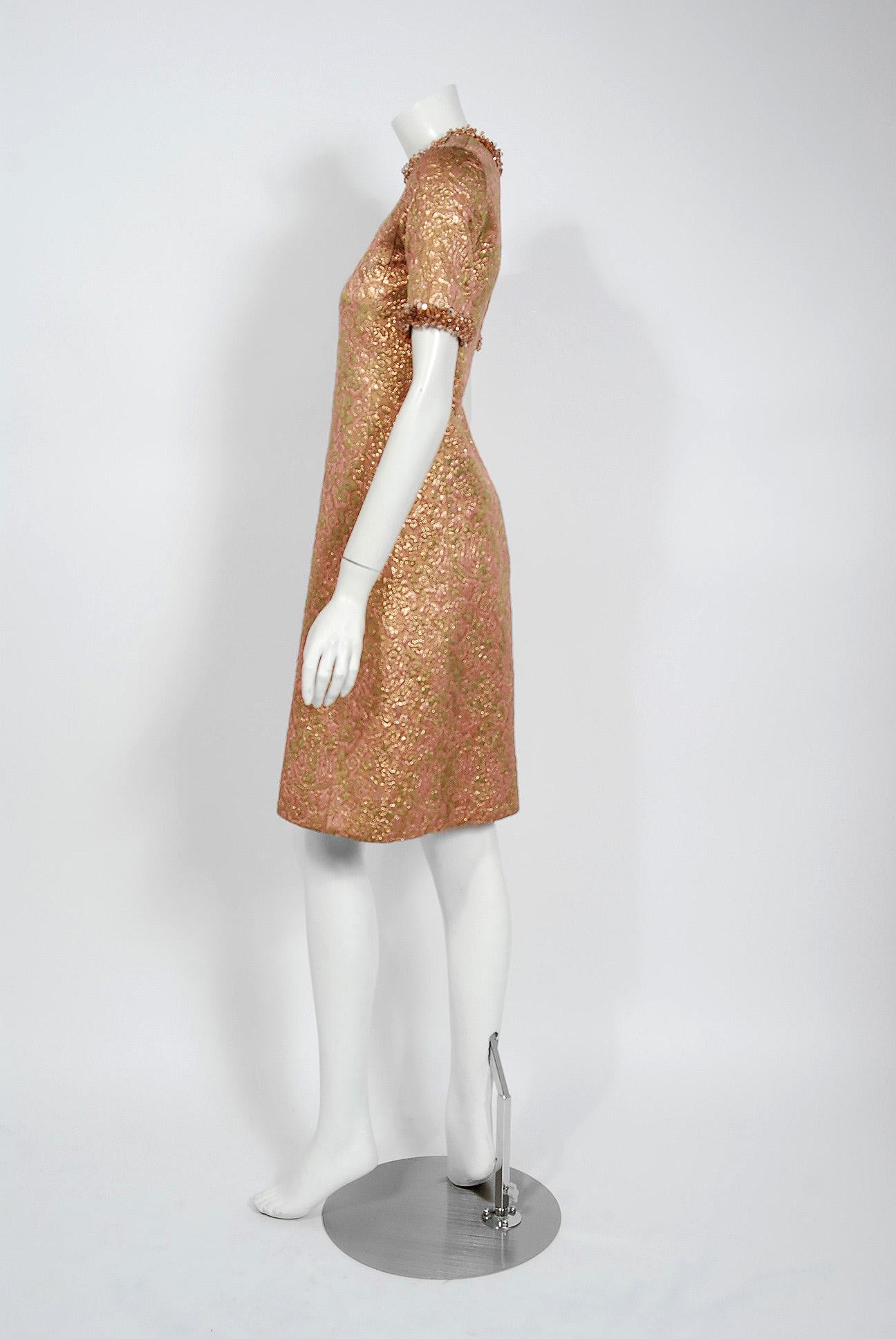 Brown Vintage 1966 Yves Saint Laurent Beaded Metallic Pink Gold Brocade Cocktail Dress For Sale