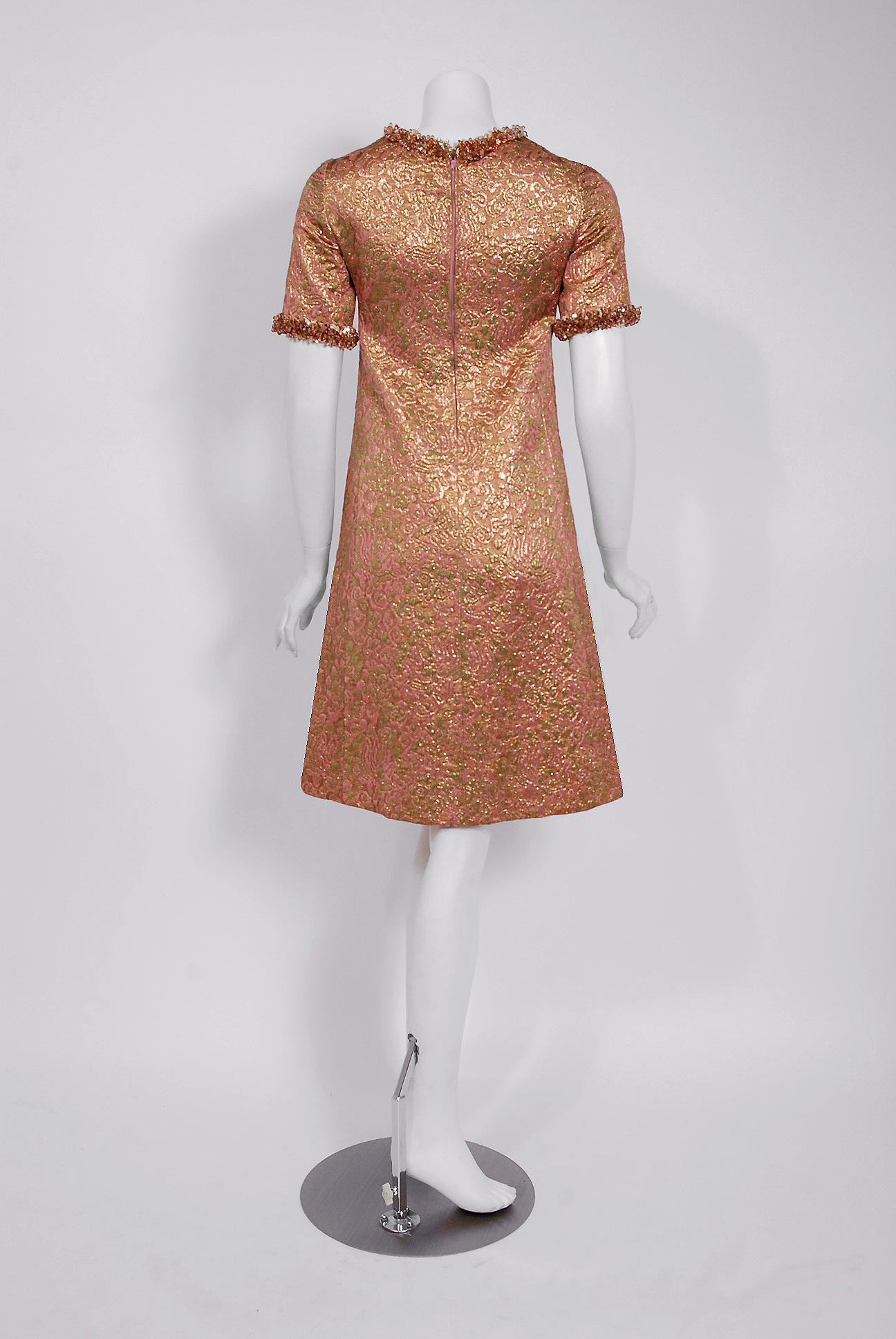 Vintage 1966 Yves Saint Laurent Beaded Metallic Pink Gold Brocade Cocktail Dress In Good Condition For Sale In Beverly Hills, CA