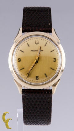 1967 Bulova Accutron Wristwatch, Champagne Dial and Brown Leather Band, 34mm