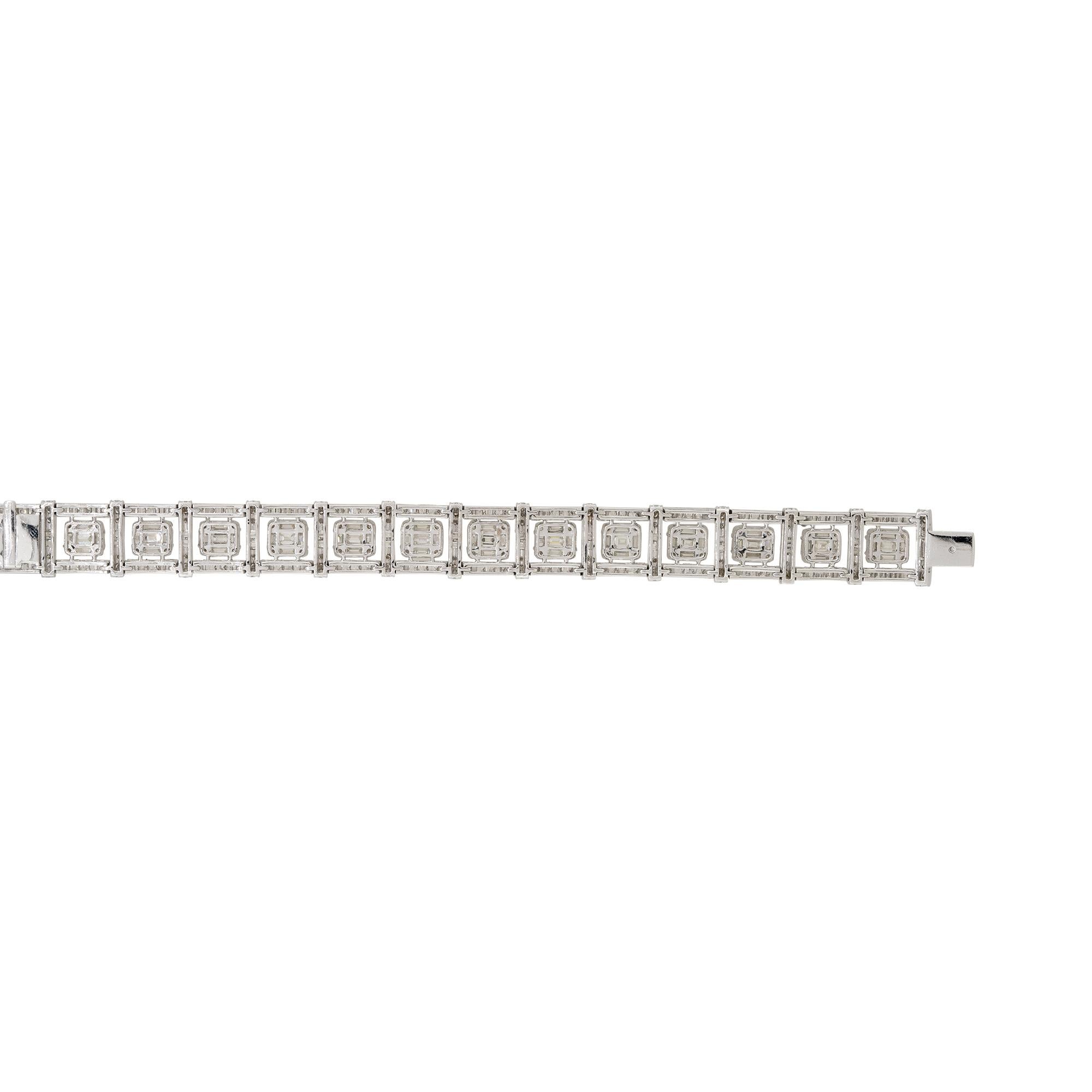 Product Style: Square Mosaic Station Diamond Bracelet
Material: 18 Karat White Gold
Diamond Details: There are approximately 16.27 carats of Baguette cut diamonds (238 stones) and 3.4 carats of Round Brilliant cut diamonds (168 stones), with a total
