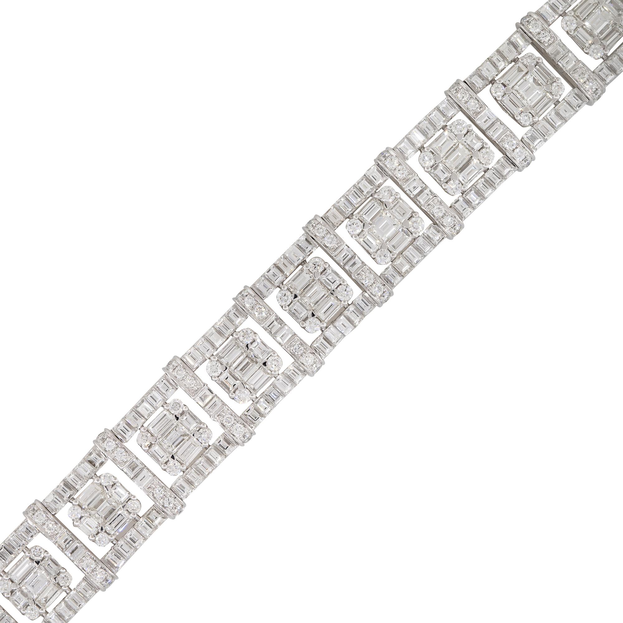 Baguette Cut 19.67 Carat Mosaic Diamond Square Station Bracelet 18 Karat In Stock For Sale