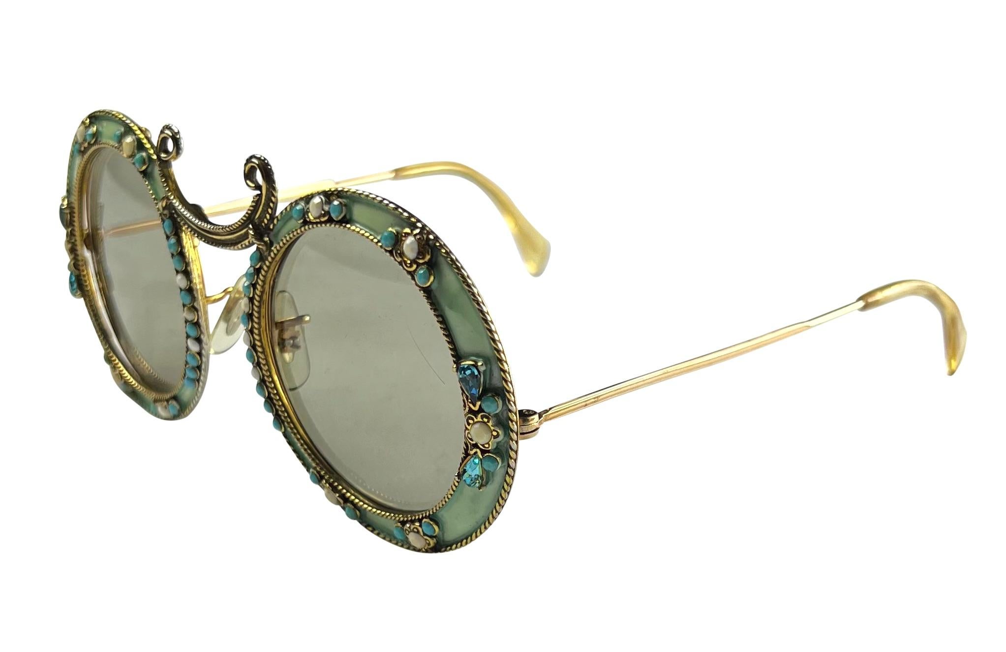 1967 Christian Dior by Tura Gold 'Gypsy' Rhinestone Enamel Hippy Sunglasses  In Good Condition For Sale In West Hollywood, CA