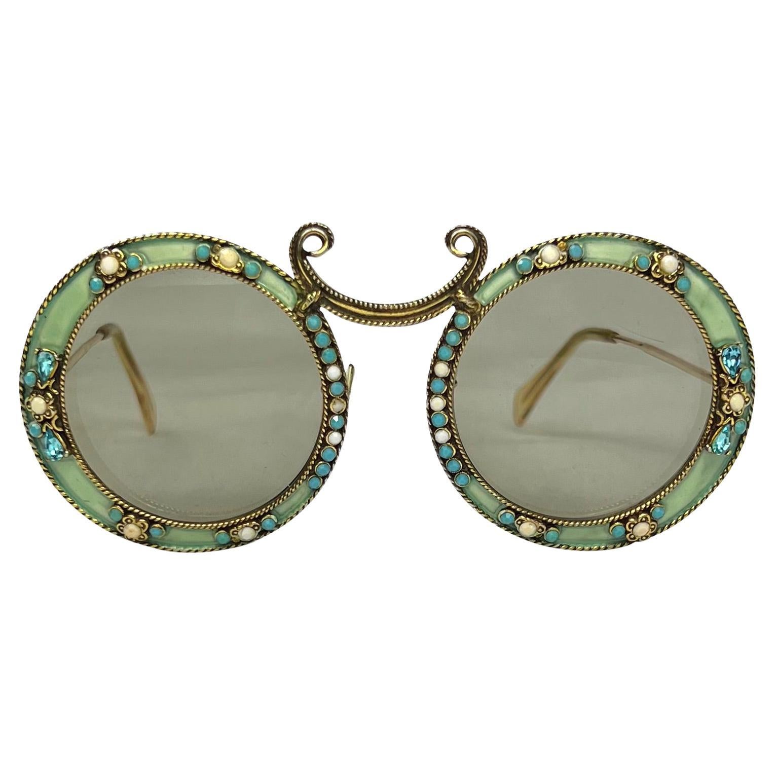 1967 Christian Dior by Tura Gold 'Gypsy' Rhinestone Enamel Hippy Sunglasses  For Sale