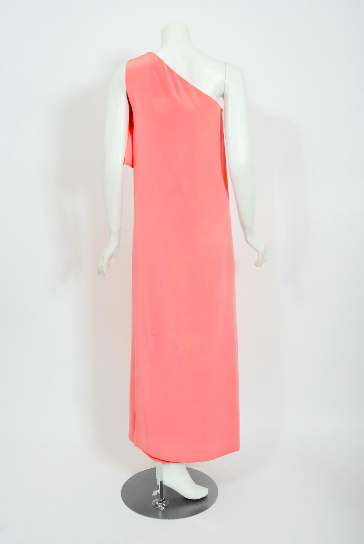 Vintage 1967 Christian Dior Haute Couture Bubblegum Pink Silk One-Shoulder Gown In Fair Condition In Beverly Hills, CA