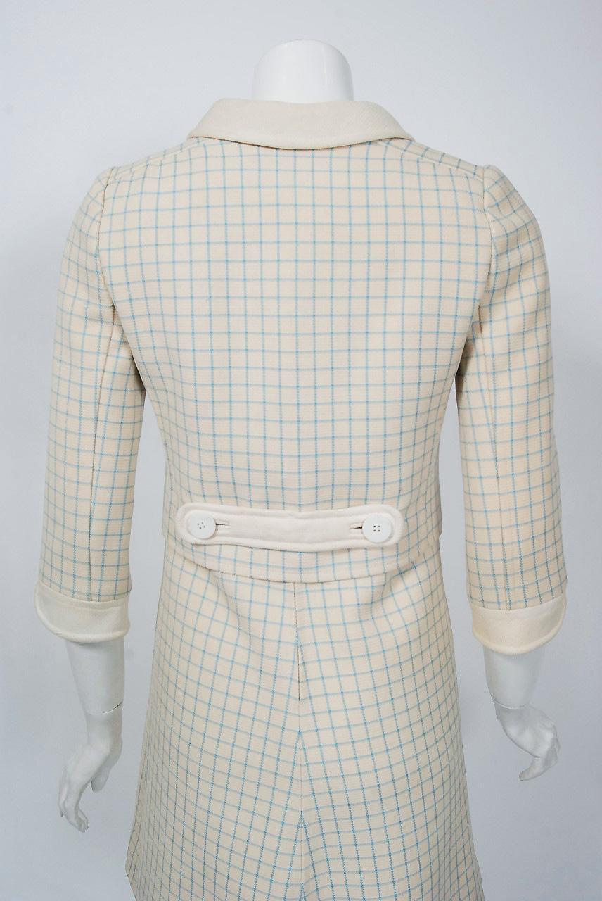 Vintage 1967 Courreges Couture Creme Blue Checkered Wool Mod Dress & Jacket 2