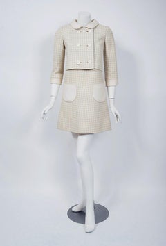 Vintage 1967 Courreges Couture Creme Blue Checkered Wool Mod Dress & Jacket