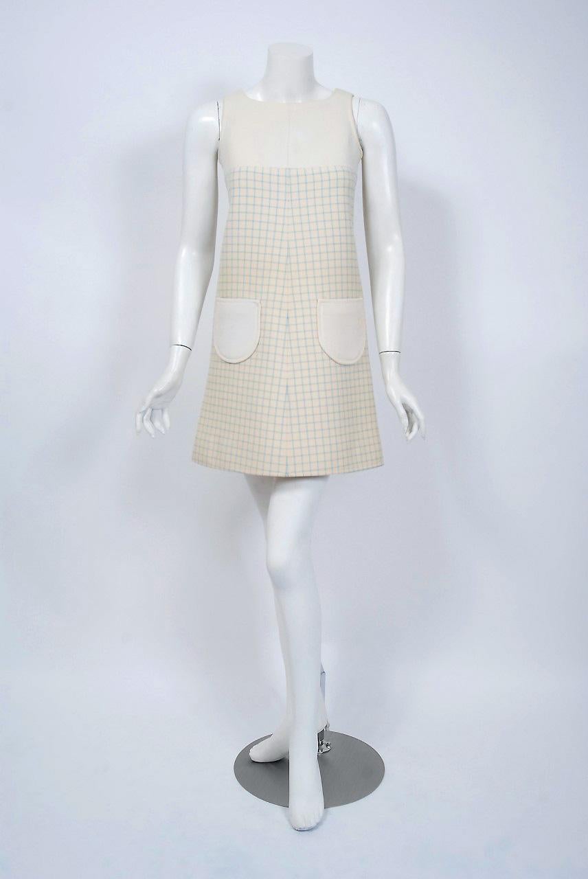 Gray Vintage 1967 Courreges Couture Creme Blue Checkered Wool Mod Dress & Jacket