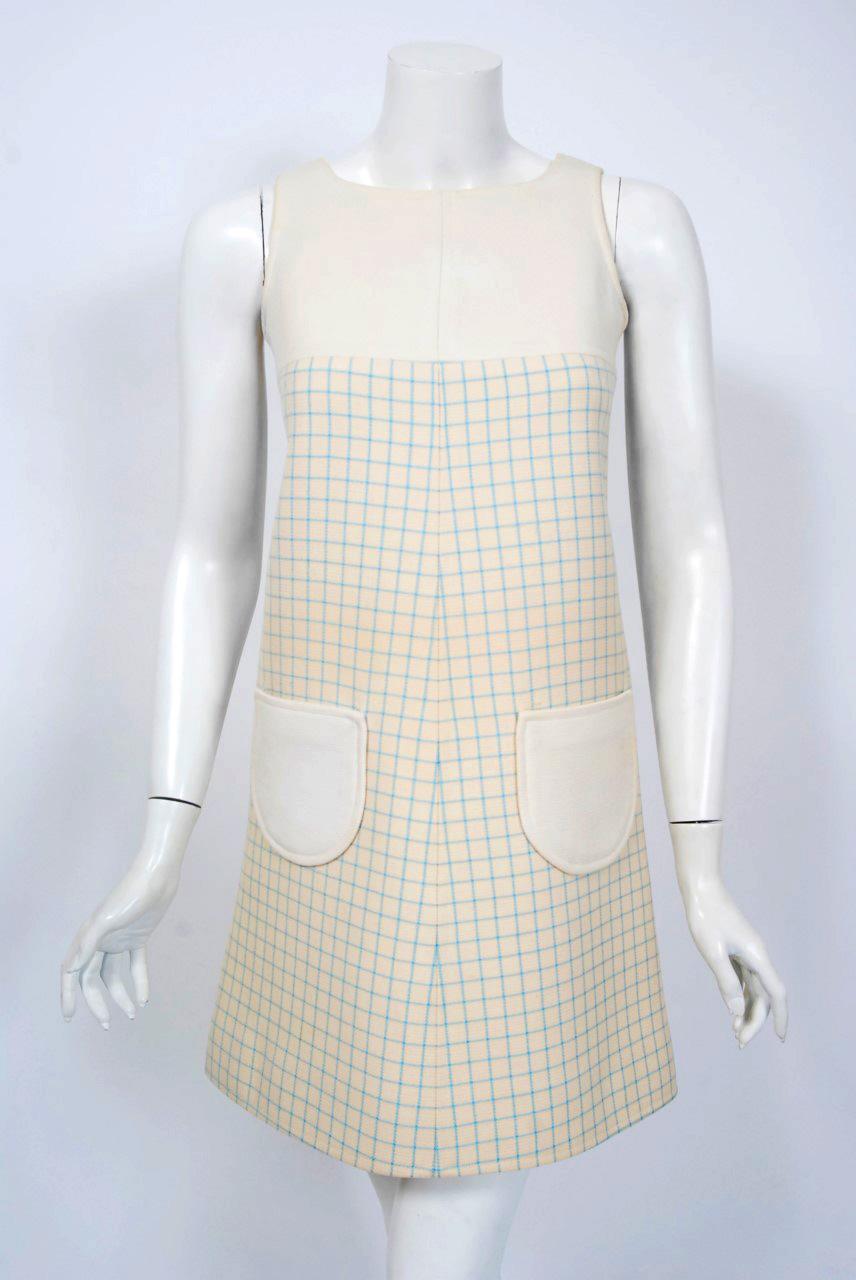 Vintage 1967 Courreges Couture Creme Blue Checkered Wool Mod Dress & Jacket In Good Condition In Beverly Hills, CA