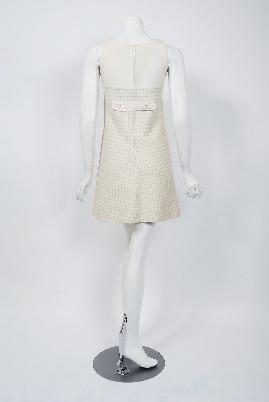 Vintage 1967 Courreges Couture Creme Blue Checkered Wool Mod Dress & Jacket 1