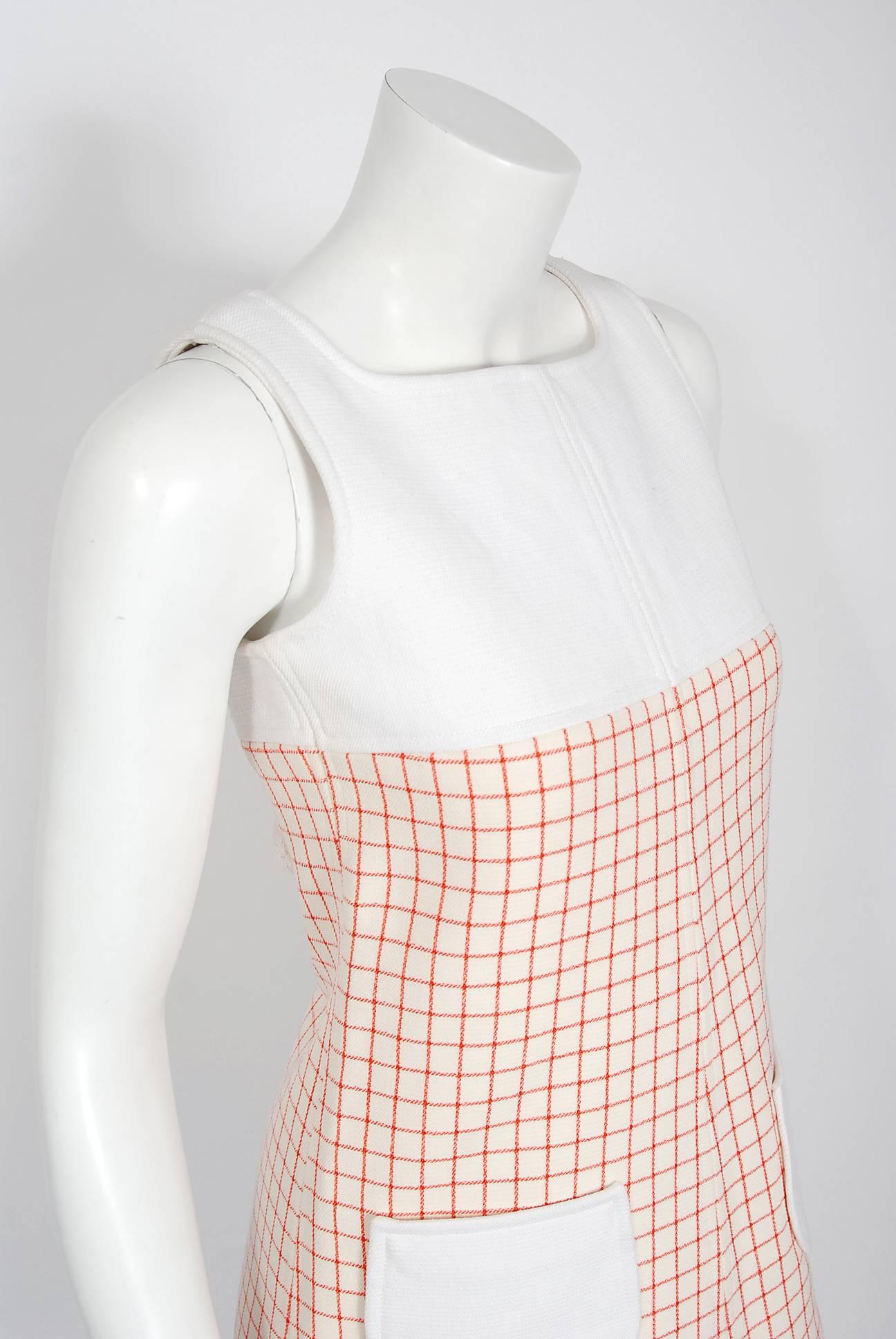 White 1967 Courreges Couture Ivory & Red Checkered Wool Mod Space-Age Mini Dress
