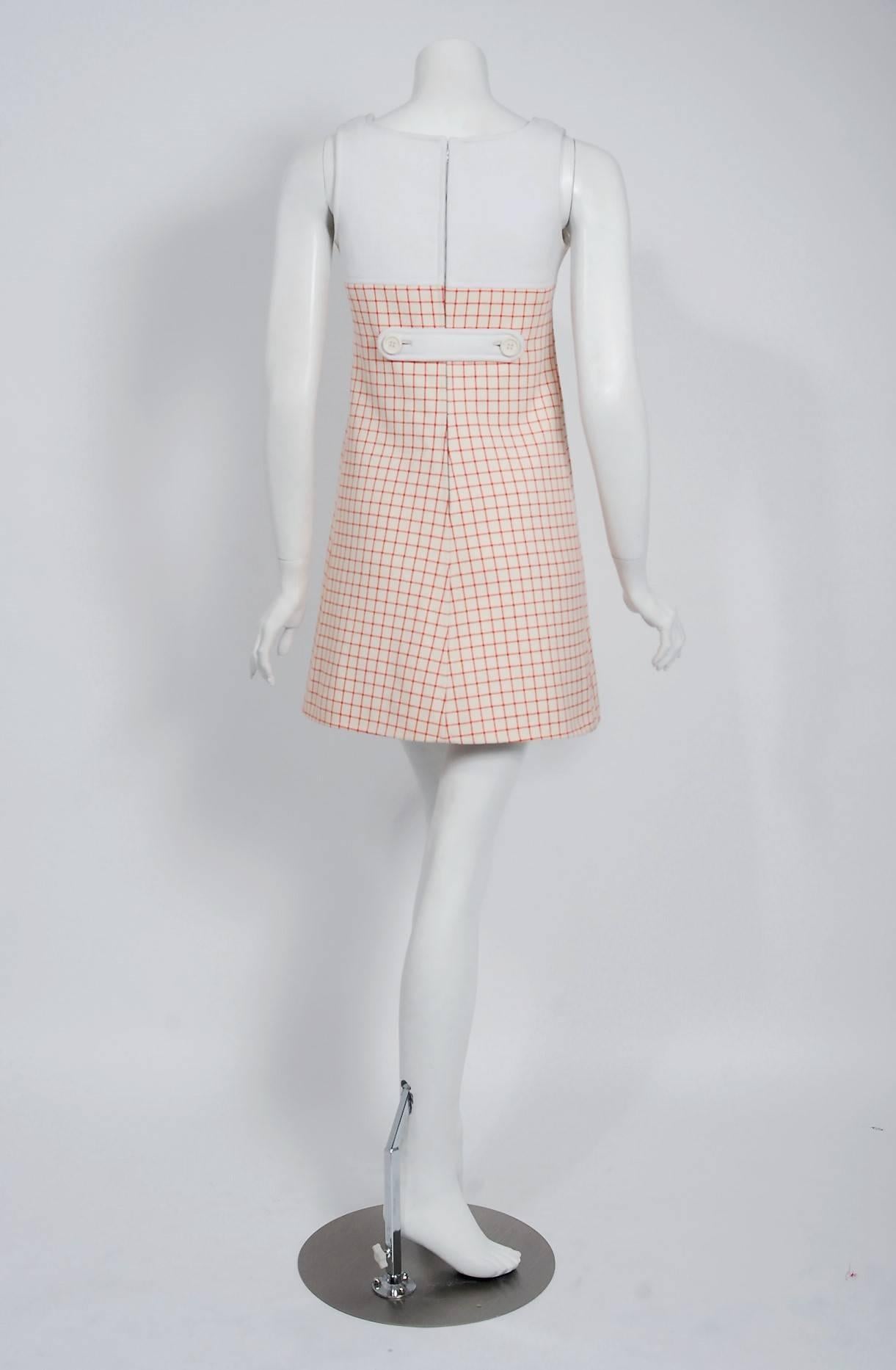 Women's 1967 Courreges Couture Ivory & Red Checkered Wool Mod Space-Age Mini Dress