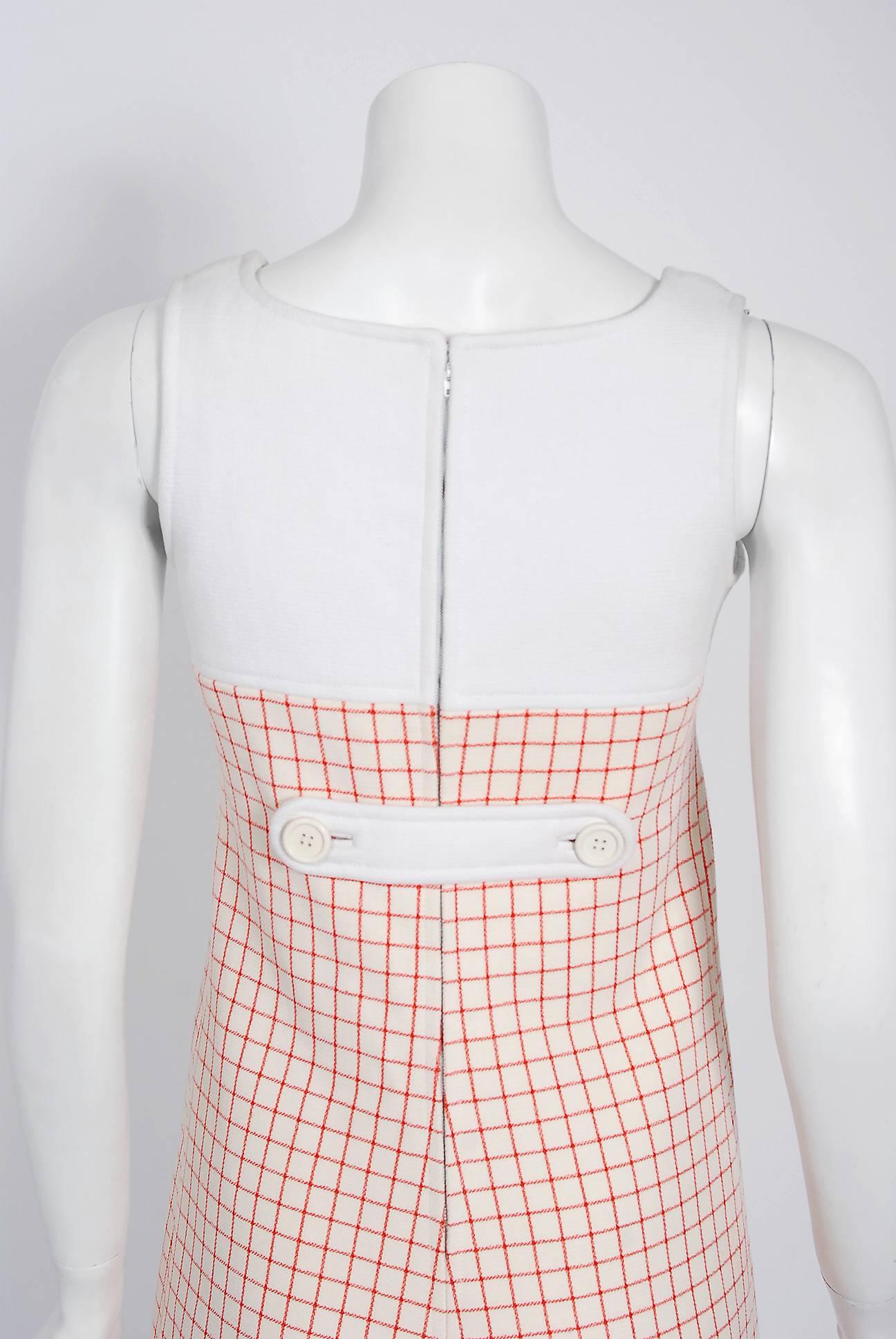 1967 Courreges Couture Ivory & Red Checkered Wool Mod Space-Age Mini Dress 1
